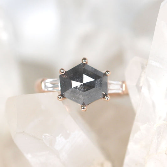 Project: Custom 2 Carat Gray Salt and Pepper Hexagon Diamond and White Accent Diamond Baguettes in 14k - Midwinter Co. Alternative Bridal Rings and Modern Fine Jewelry