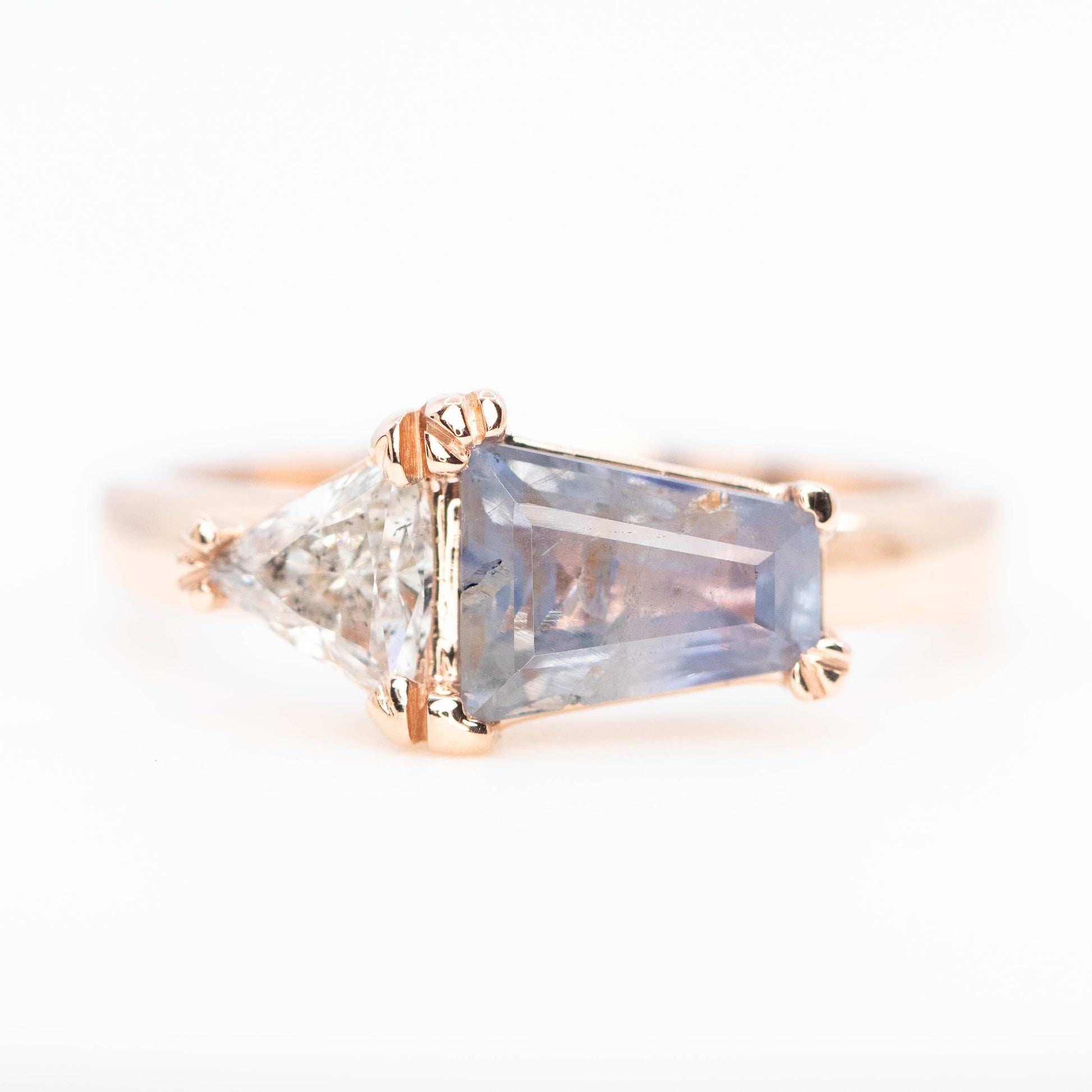 Jade Ring with a 1.39 Carat Blue Shield Sapphire and a 0.40 Trillion Diamond in 14k Rose Gold - Ready to Size and Ship - Midwinter Co. Alternative Bridal Rings and Modern Fine Jewelry