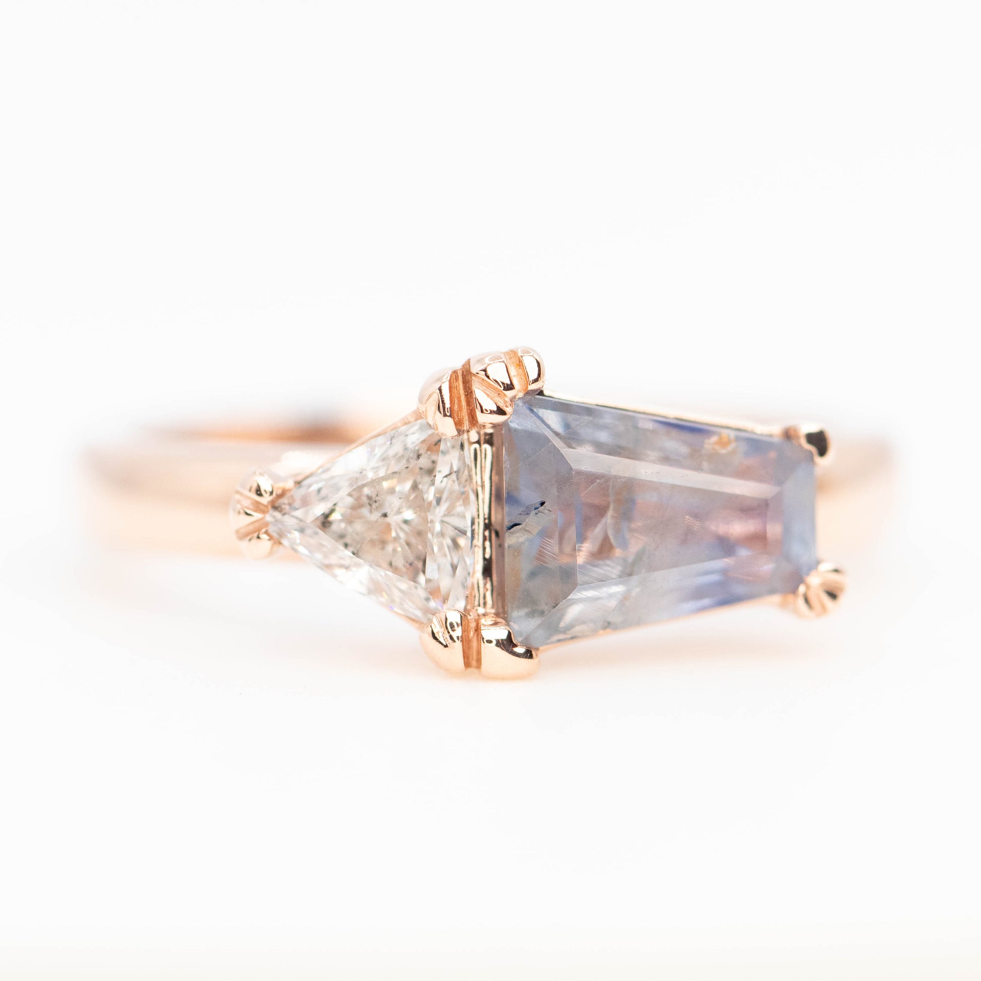 Jade Ring with a 1.39 Carat Blue Shield Sapphire and a 0.40 Trillion Diamond in 14k Rose Gold - Ready to Size and Ship - Midwinter Co. Alternative Bridal Rings and Modern Fine Jewelry