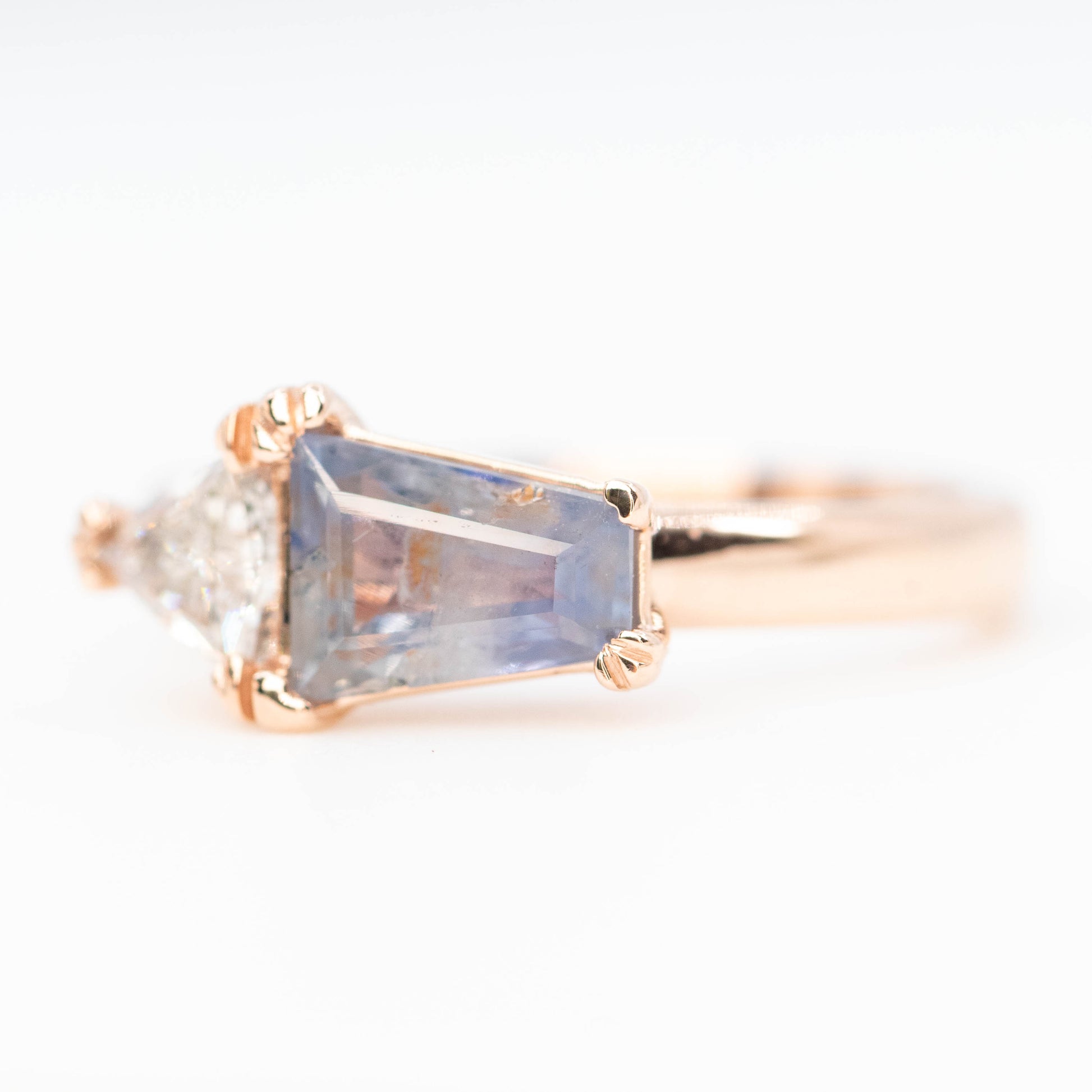 Jade Ring with a 1.39 Carat Blue Shield Sapphire and a 0.40 Trillion Diamond in 14k Rose Gold - Ready to Size and Ship - Midwinter Co. Alternative Bridal Rings and Modern Fine Jewelry