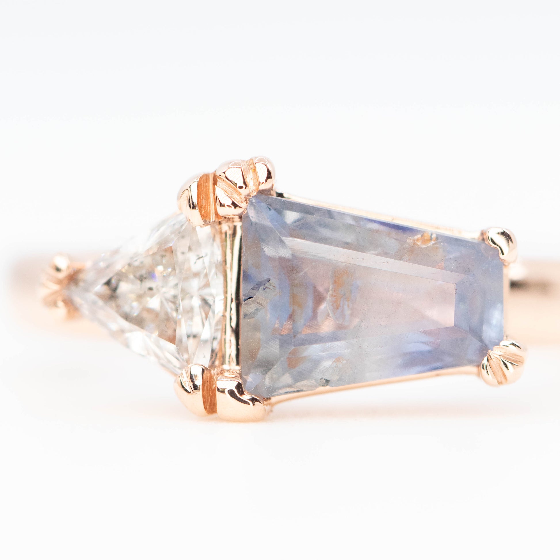 Jade Ring with a 1.39 Carat Blue Shield Sapphire and a 0.40 Trillion Diamond in 14k Rose Gold - Ready to Size and Ship - Midwinter Co. Alternative Bridal Rings and Modern Fine Jewelry