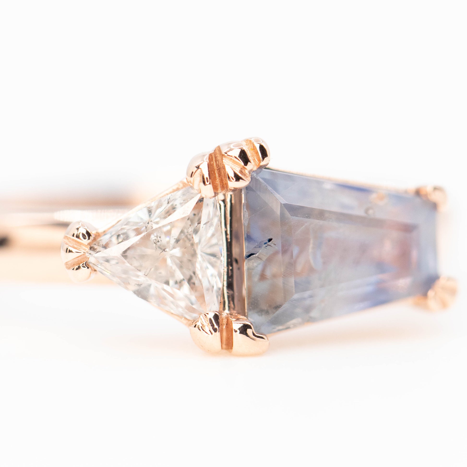 Jade Ring with a 1.39 Carat Blue Shield Sapphire and a 0.40 Trillion Diamond in 14k Rose Gold - Ready to Size and Ship - Midwinter Co. Alternative Bridal Rings and Modern Fine Jewelry