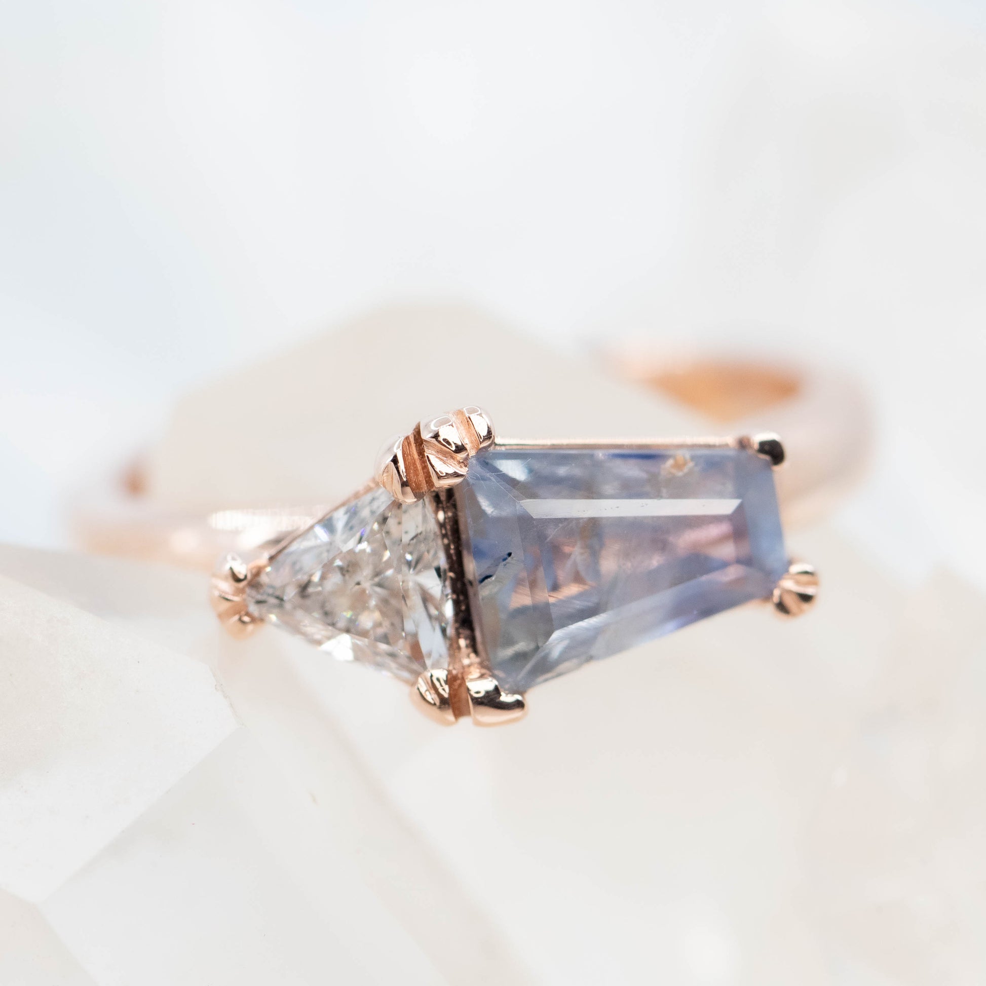 Jade Ring with a 1.39 Carat Blue Shield Sapphire and a 0.40 Trillion Diamond in 14k Rose Gold - Ready to Size and Ship - Midwinter Co. Alternative Bridal Rings and Modern Fine Jewelry