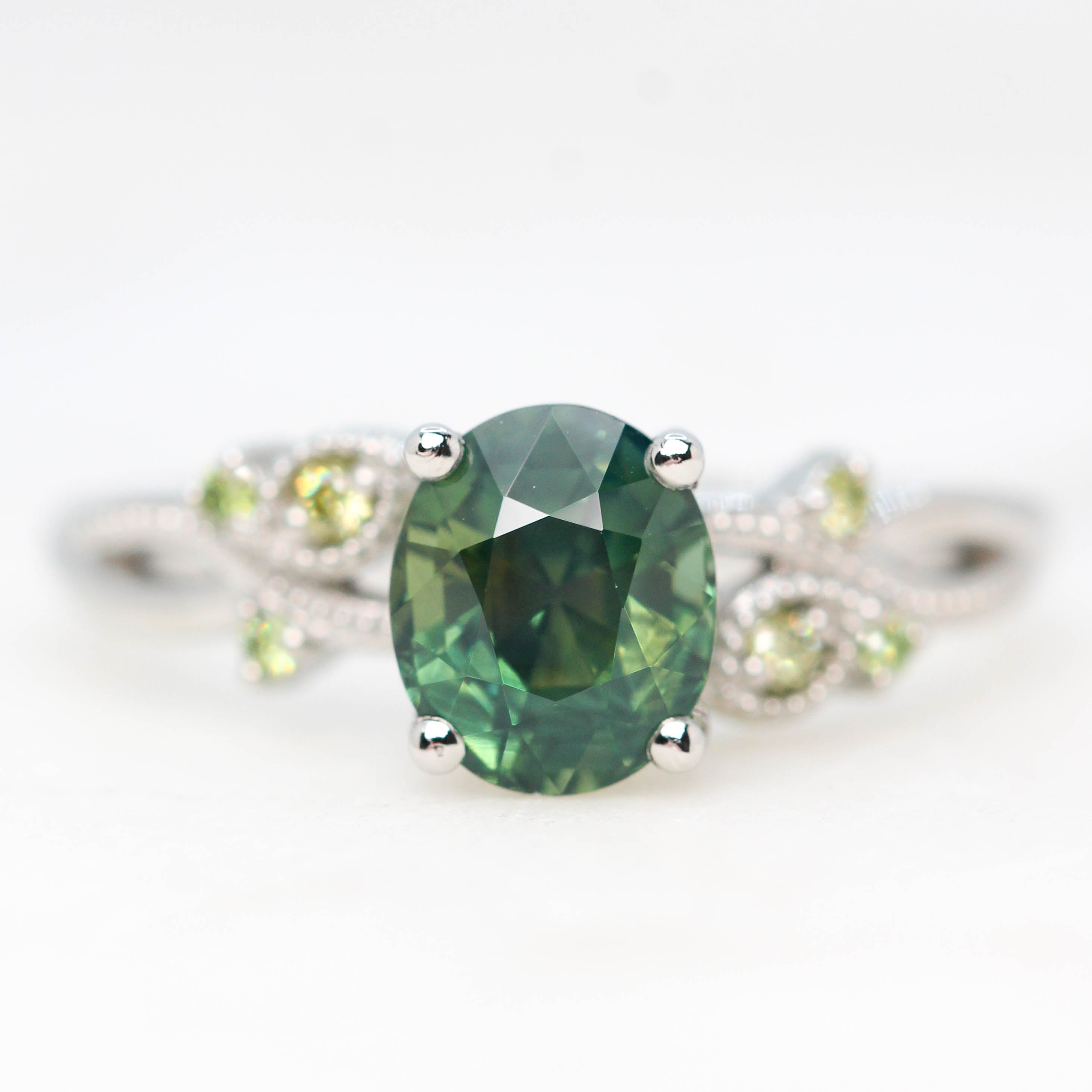 Tania Ring - 3-stone Diamond & Green Montana Sapphire Stacking Wedding