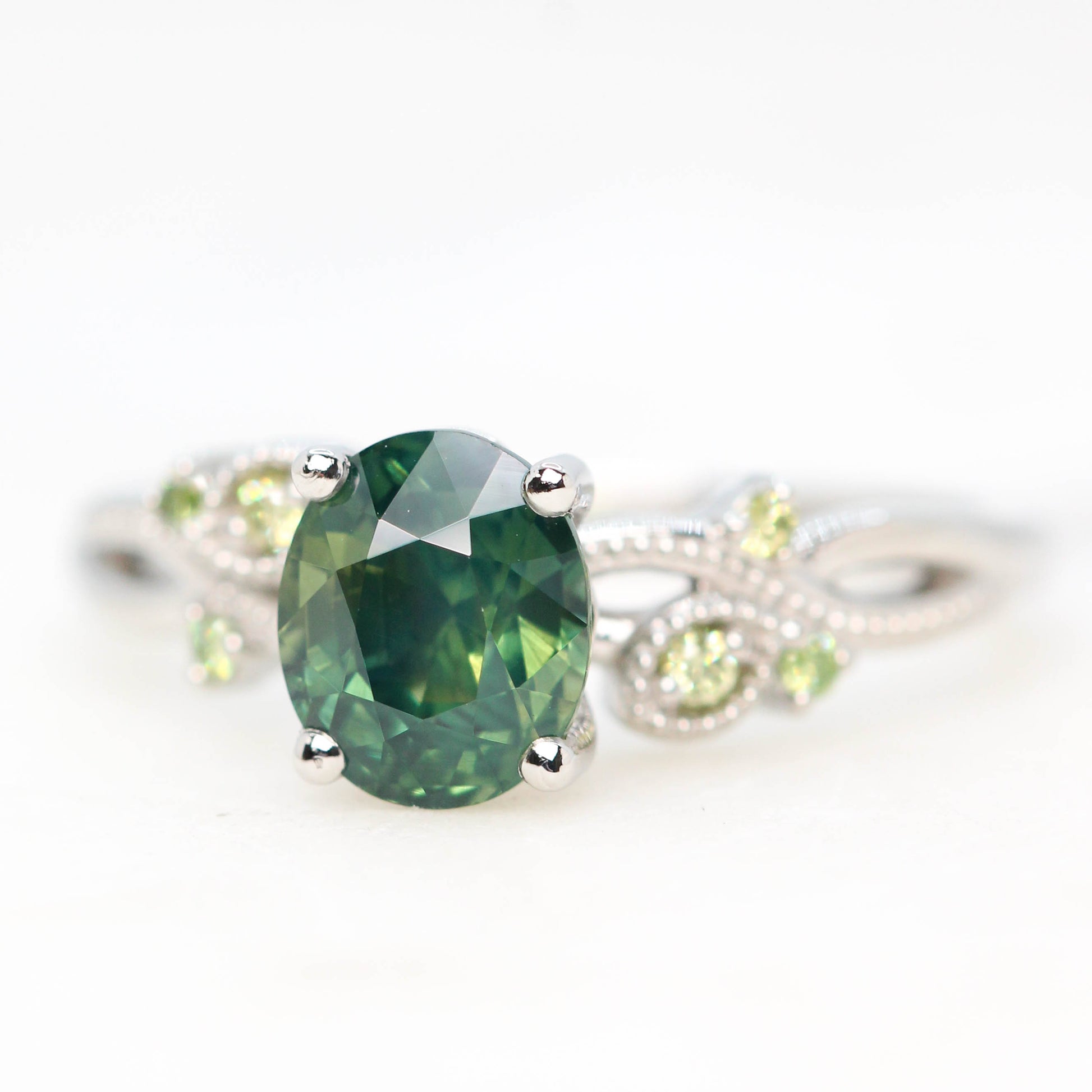 Jasmine Ring with a 2.18 Carat Oval Green Sapphire and Light Green Diamond Accents in Platinum - Ready to Size and Ship - Midwinter Co. Alternative Bridal Rings and Modern Fine Jewelry