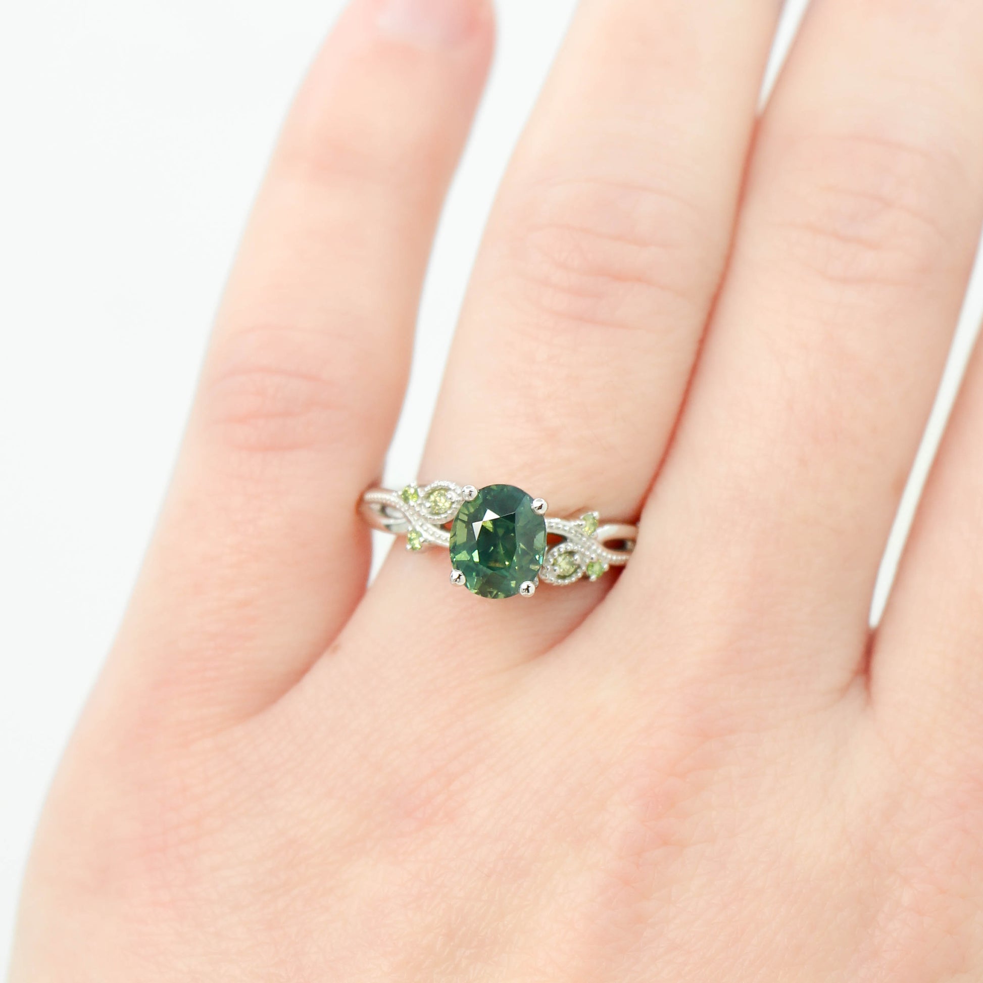 Jasmine Ring with a 2.18 Carat Oval Green Sapphire and Light Green Diamond Accents in Platinum - Ready to Size and Ship - Midwinter Co. Alternative Bridal Rings and Modern Fine Jewelry