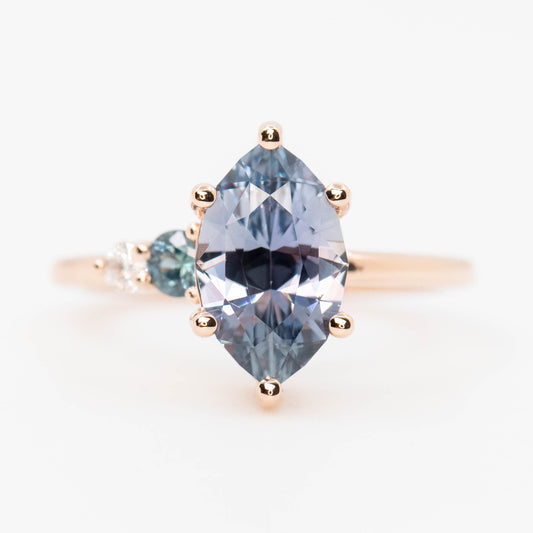 Jesse Ring with a 2.65 Carat Marquise Sapphire and Diamond and Sapphire Accents in 14k Rose Gold - Ready to Size and Ship
