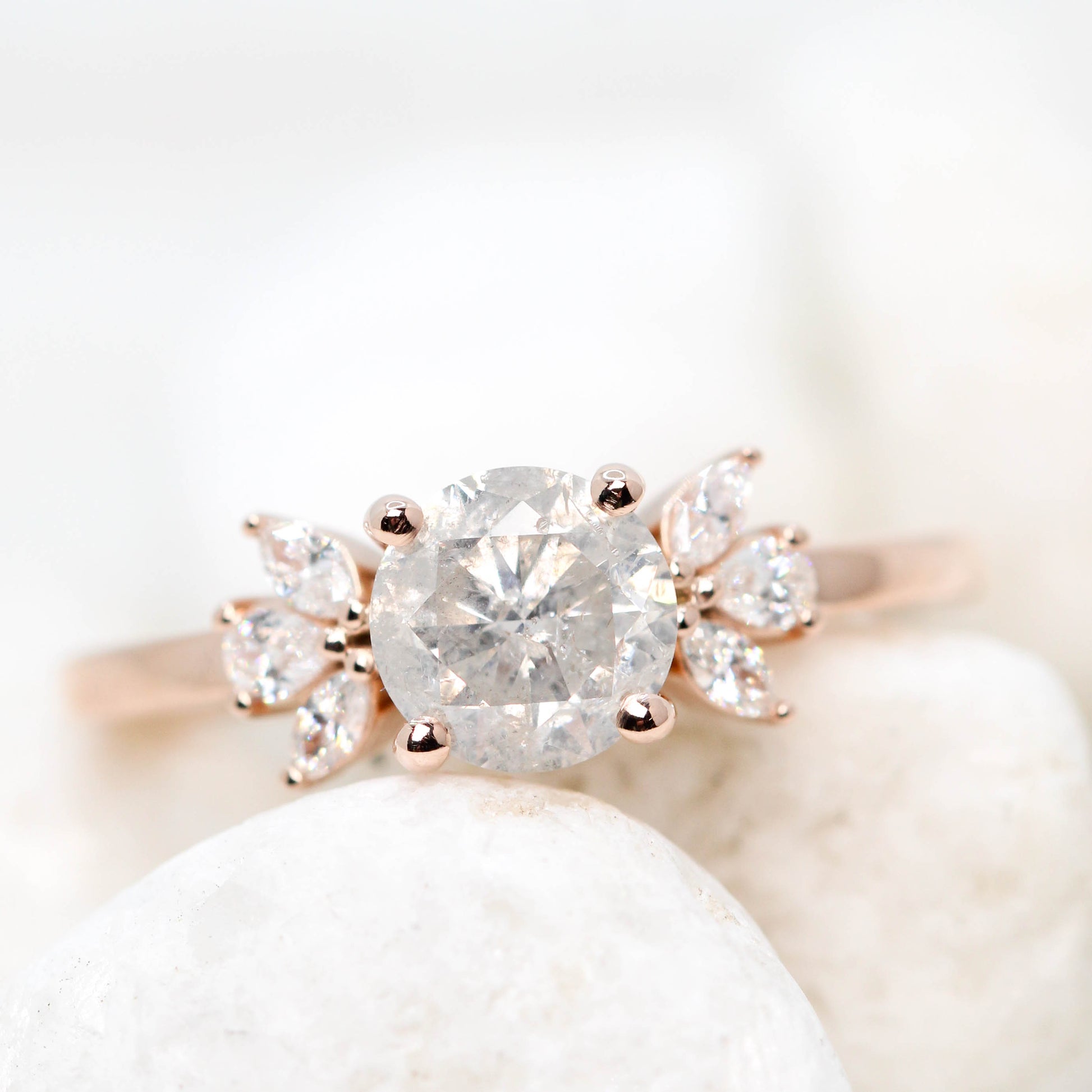 Kendra Ring with a 1.17 Carat Round Bright Gray Salt and Pepper Diamond with White Diamond Accents in 14k Rose Gold - Ready to Size and Ship - Midwinter Co. Alternative Bridal Rings and Modern Fine Jewelry