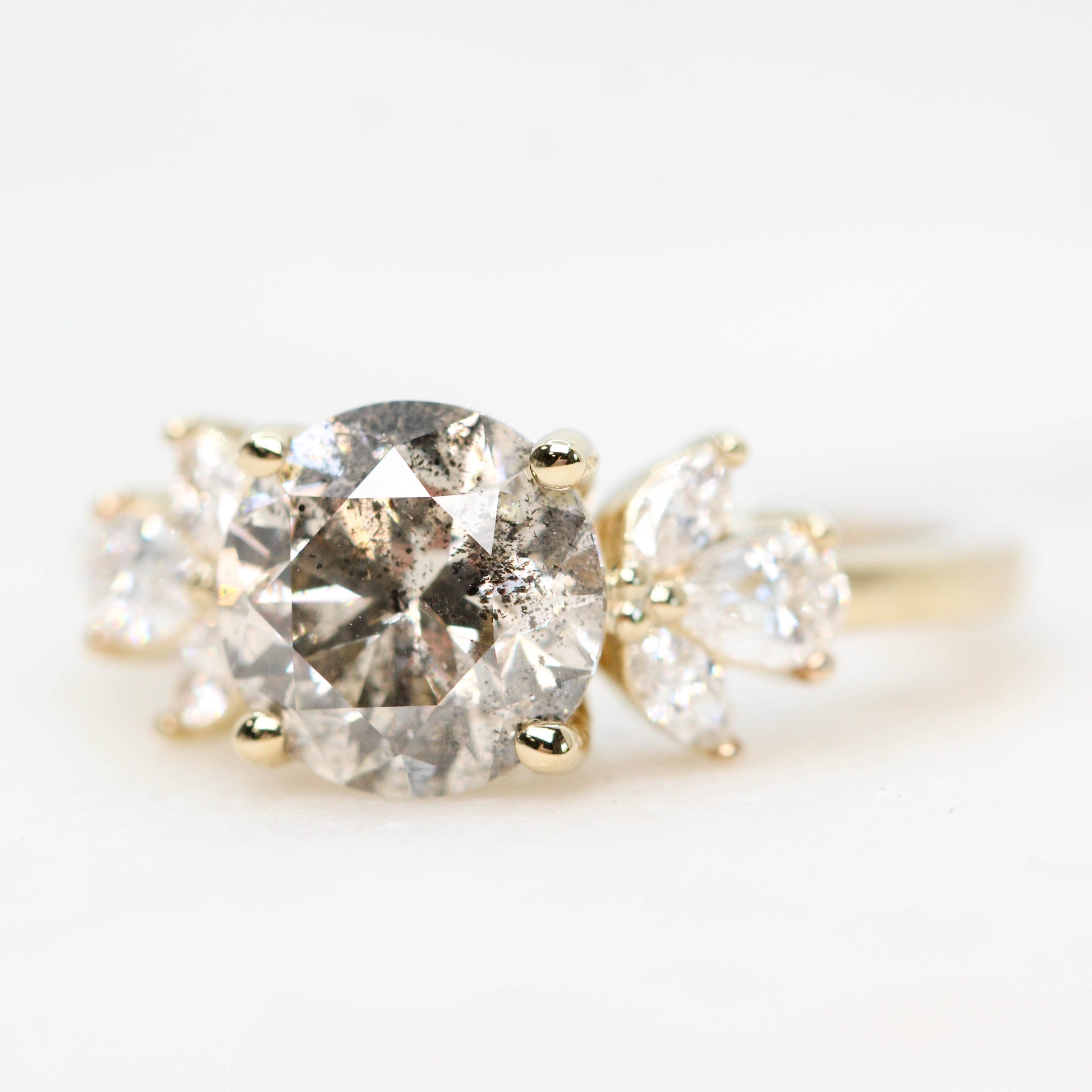 Kendra Ring with a 2.50 Carat Round Champagne Salt and Pepper Diamond and White Accent Diamonds in 14k Yellow Gold - Ready to Size and Ship - Midwinter Co. Alternative Bridal Rings and Modern Fine Jewelry