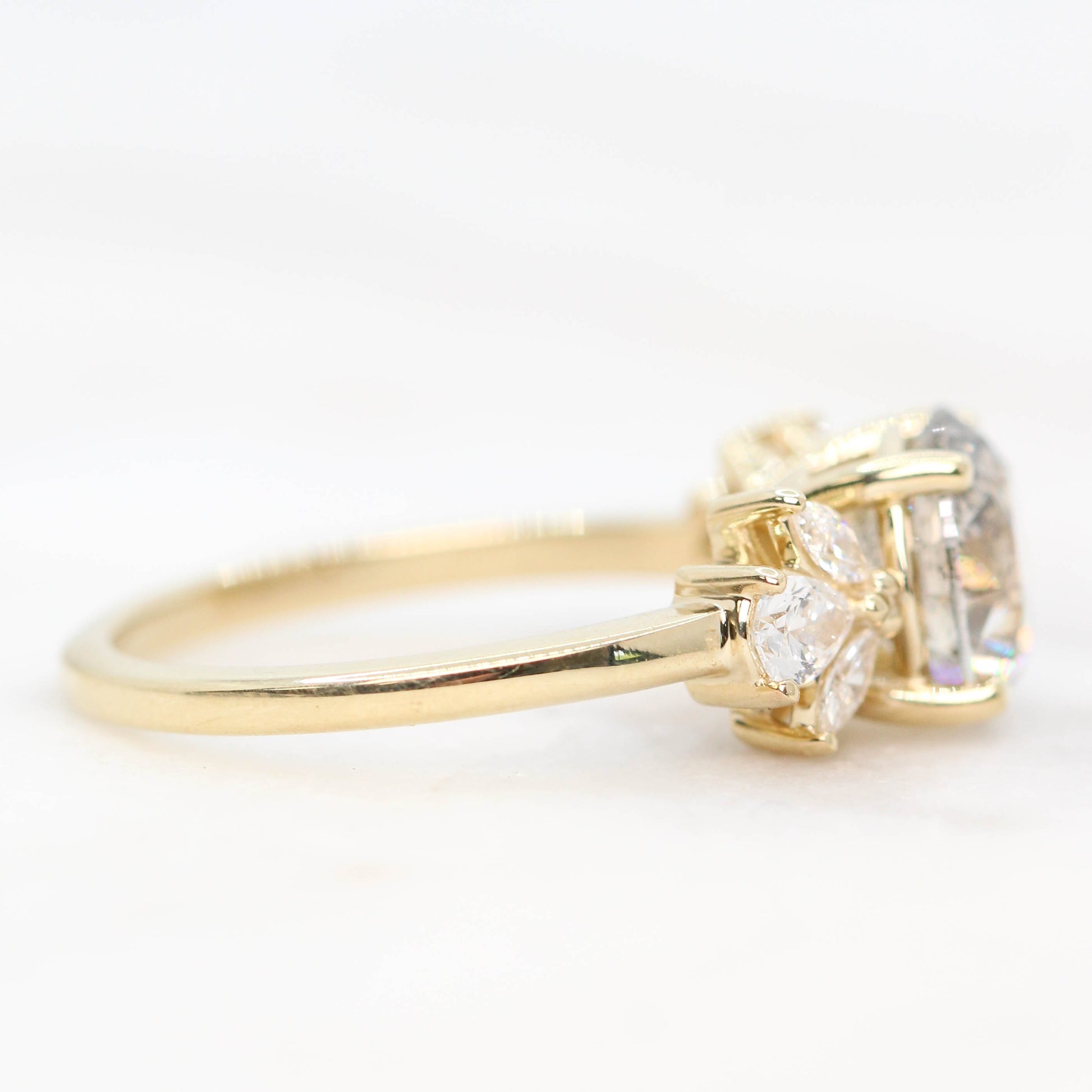 Kendra Ring with a 2.50 Carat Round Champagne Salt and Pepper Diamond and White Accent Diamonds in 14k Yellow Gold - Ready to Size and Ship - Midwinter Co. Alternative Bridal Rings and Modern Fine Jewelry