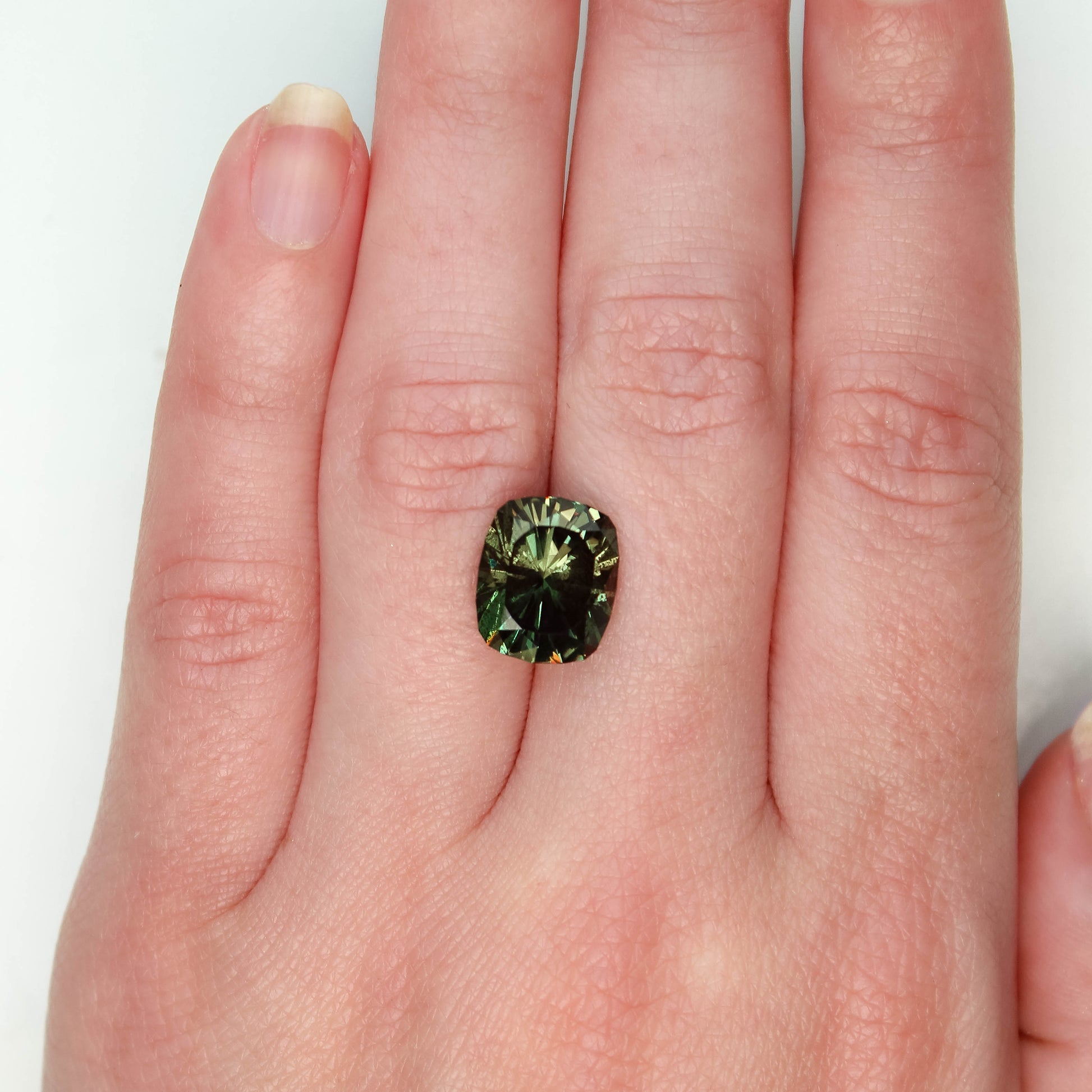 CAELEN (J) 7.20 Carat Green Elongated Cushion Lab Grown Sapphire for Custom Work - Inventory Code LGGS720 - Midwinter Co. Alternative Bridal Rings and Modern Fine Jewelry