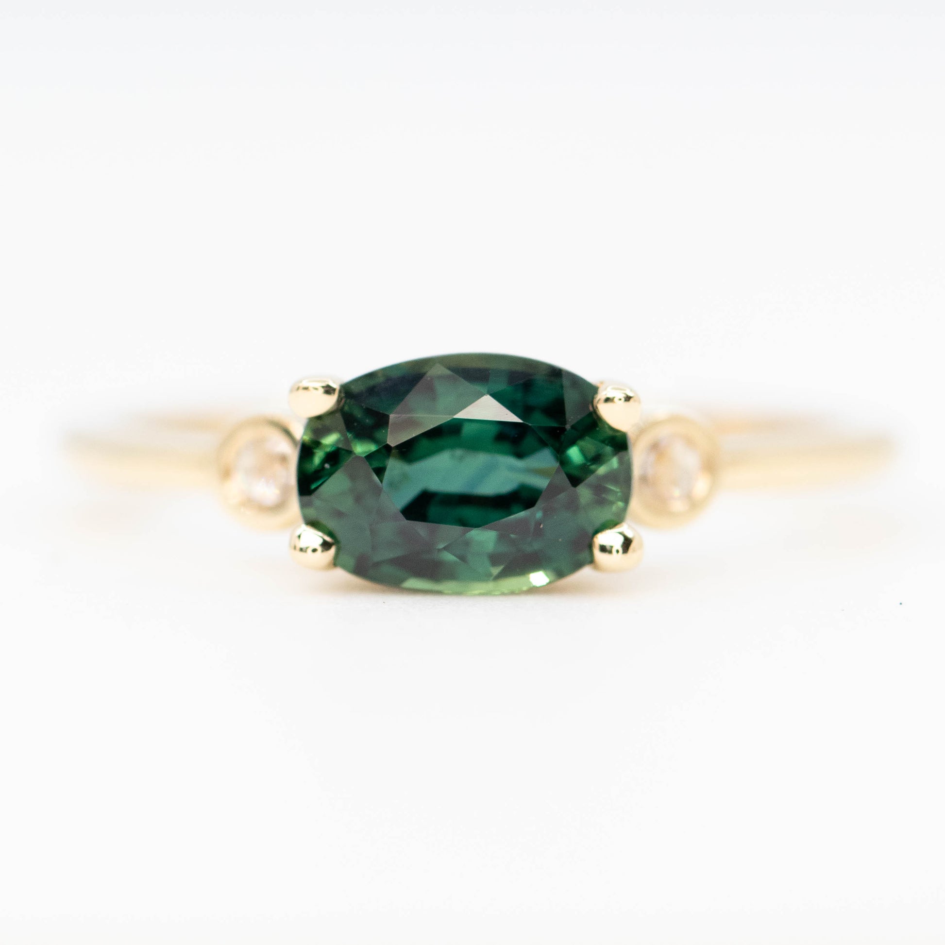Logan Ring with a 1.55 Carat Australian Green Sapphire and Rose Cut Diamond Accents in 14k Yellow Gold - Ready to Size and Ship - Midwinter Co. Alternative Bridal Rings and Modern Fine Jewelry