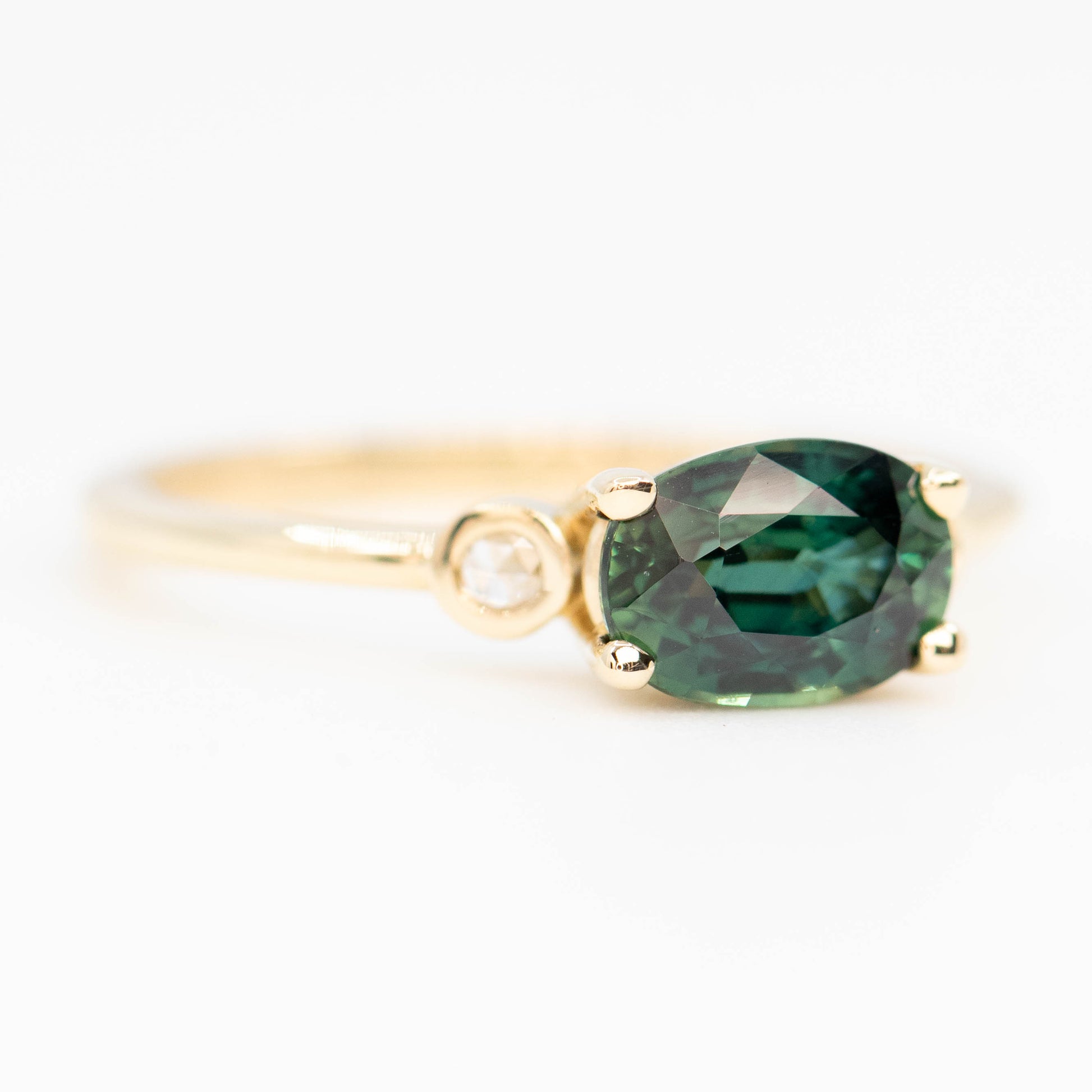 Logan Ring with a 1.55 Carat Australian Green Sapphire and Rose Cut Diamond Accents in 14k Yellow Gold - Ready to Size and Ship - Midwinter Co. Alternative Bridal Rings and Modern Fine Jewelry