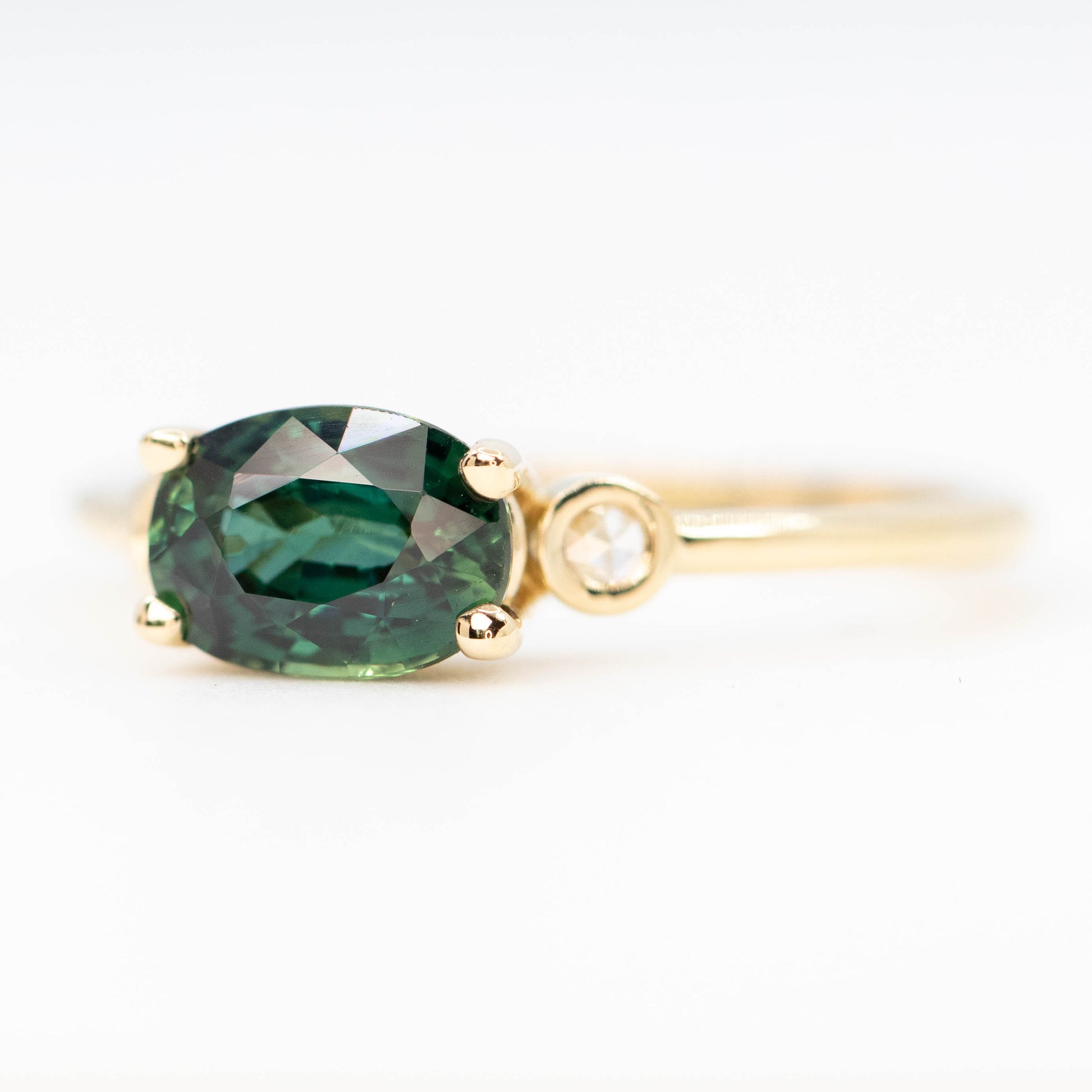 Logan Ring with a 1.55 Carat Australian Green Sapphire and Rose Cut Diamond Accents in 14k Yellow Gold - Ready to Size and Ship - Midwinter Co. Alternative Bridal Rings and Modern Fine Jewelry