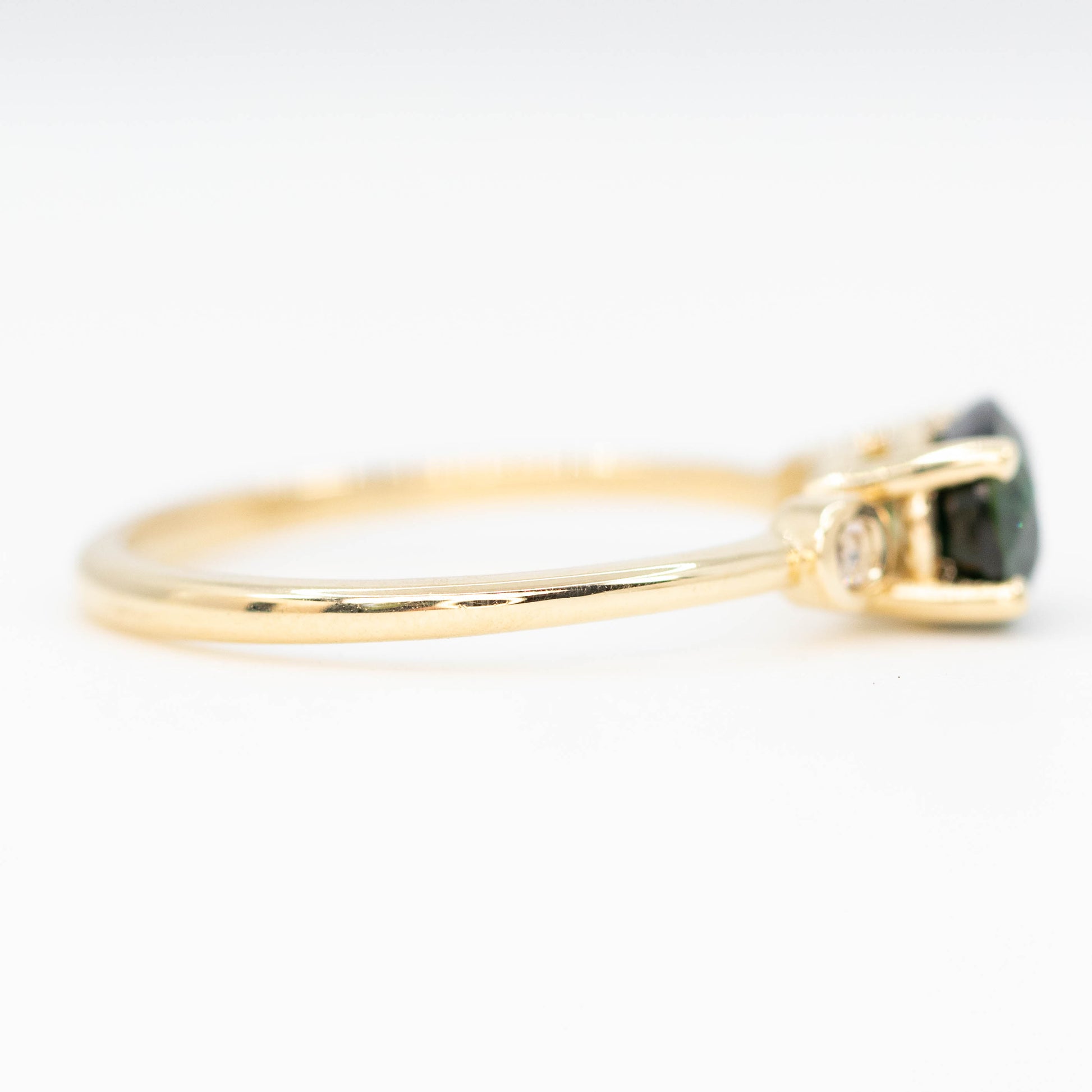 Logan Ring with a 1.55 Carat Australian Green Sapphire and Rose Cut Diamond Accents in 14k Yellow Gold - Ready to Size and Ship - Midwinter Co. Alternative Bridal Rings and Modern Fine Jewelry