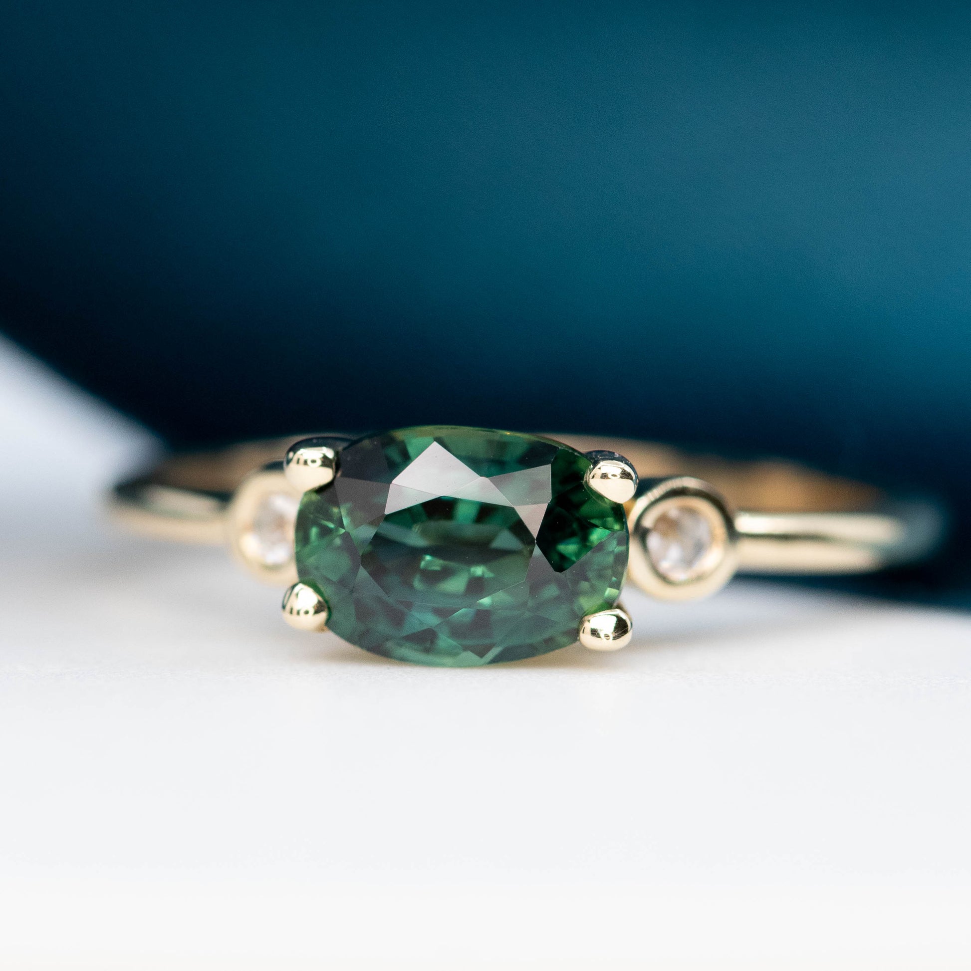 Logan Ring with a 1.55 Carat Australian Green Sapphire and Rose Cut Diamond Accents in 14k Yellow Gold - Ready to Size and Ship - Midwinter Co. Alternative Bridal Rings and Modern Fine Jewelry