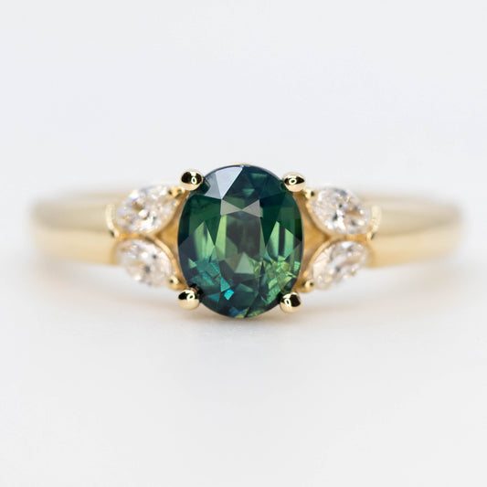 Marisol Ring with a 1.16 Carat Teal Oval Sapphire and White Accent Diamonds in 14k Yellow Gold - Ready to Size and Ship