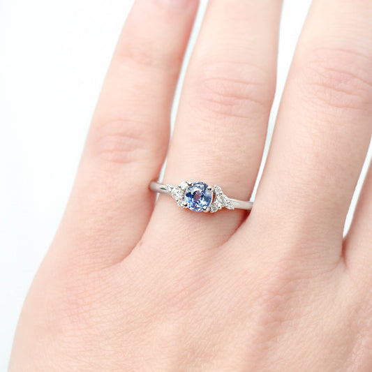 Marley Ring with a 0.60 Carat Round Blue Montana Sapphire and White Accent Diamonds in 14k White Gold - Ready to Size and Ship - Midwinter Co. Alternative Bridal Rings and Modern Fine Jewelry