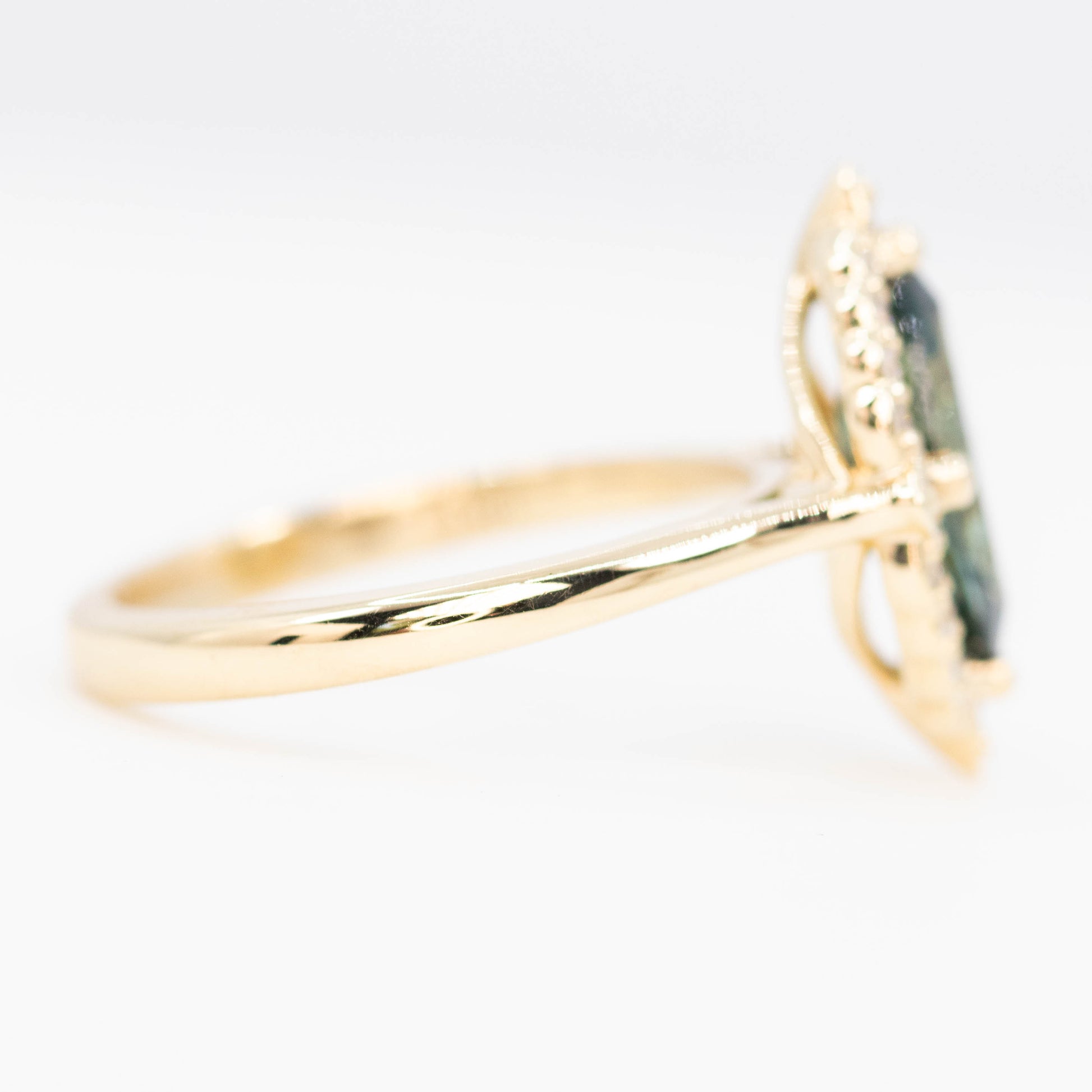 McKenzie Ring with a 1.66 Carat Teal Marquise Sapphire and White Accent Diamonds in 14k Yellow Gold - Ready to Size and Ship - Midwinter Co. Alternative Bridal Rings and Modern Fine Jewelry