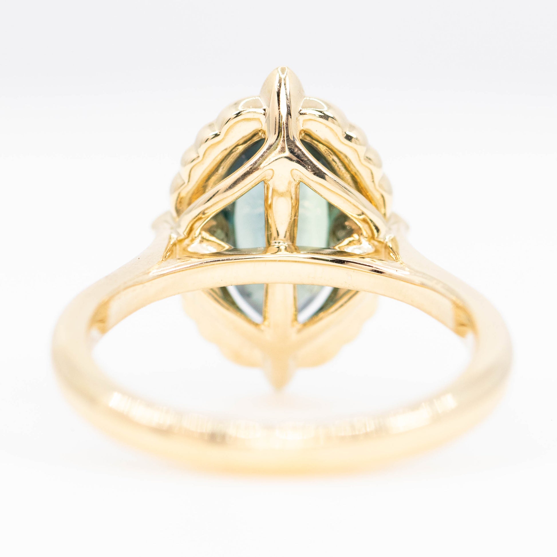 McKenzie Ring with a 1.66 Carat Teal Marquise Sapphire and White Accent Diamonds in 14k Yellow Gold - Ready to Size and Ship - Midwinter Co. Alternative Bridal Rings and Modern Fine Jewelry