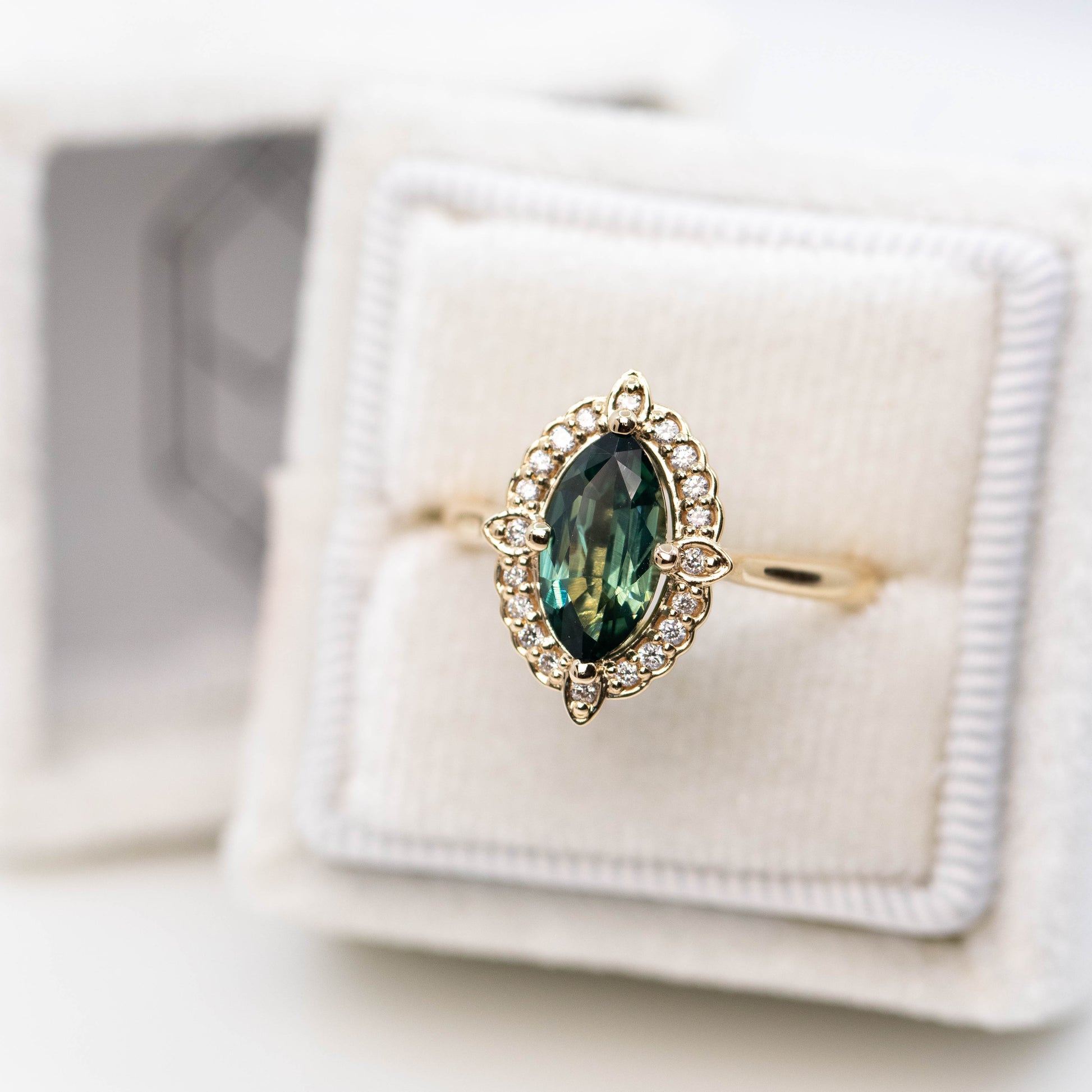 McKenzie Ring with a 1.66 Carat Teal Marquise Sapphire and White Accent Diamonds in 14k Yellow Gold - Ready to Size and Ship - Midwinter Co. Alternative Bridal Rings and Modern Fine Jewelry