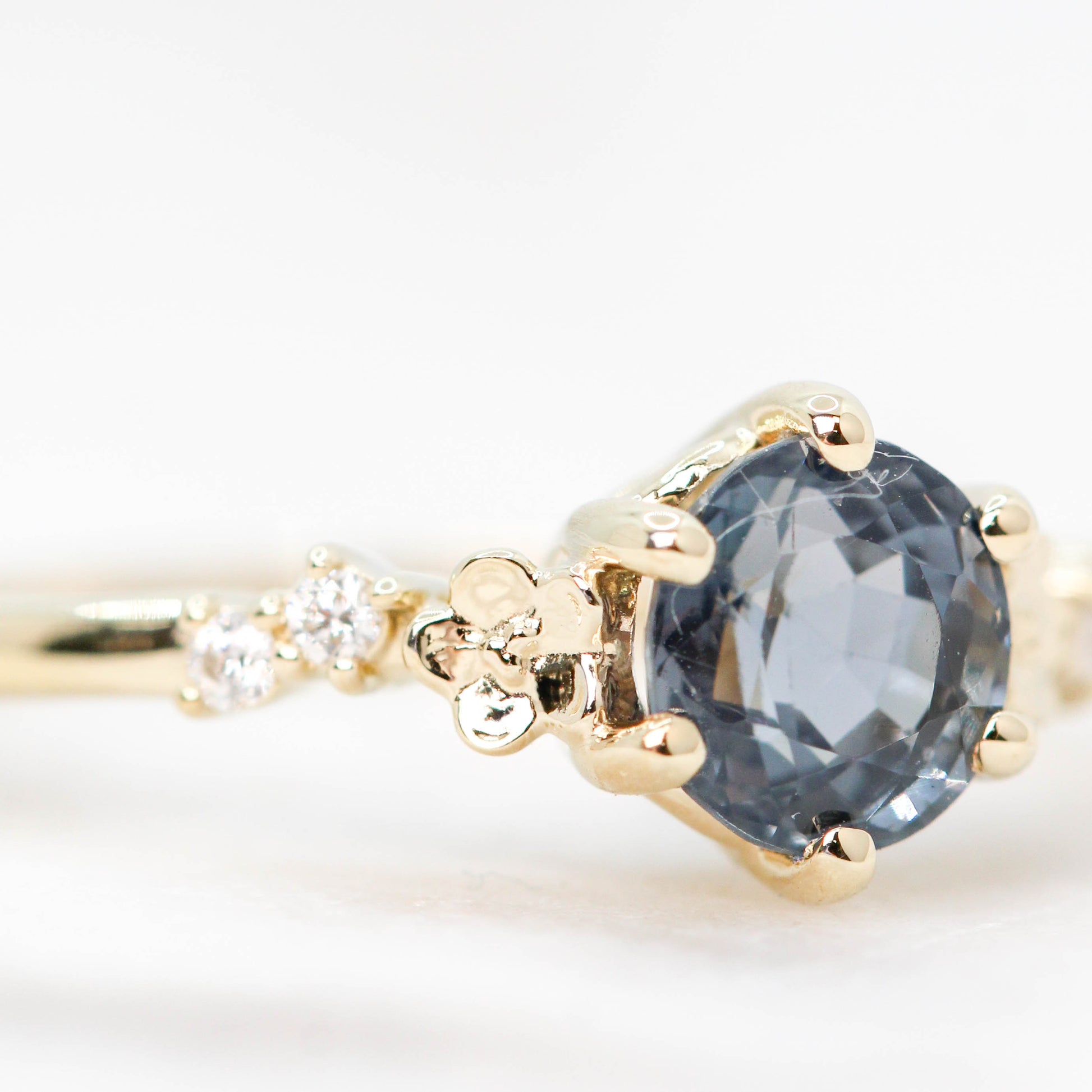 Meadow Ring with a 0.75 Carat Blue  Rounded Oval Spinel and White Accent Diamonds in 14k Yellow Gold - Ready to Size and Ship - Midwinter Co. Alternative Bridal Rings and Modern Fine Jewelry