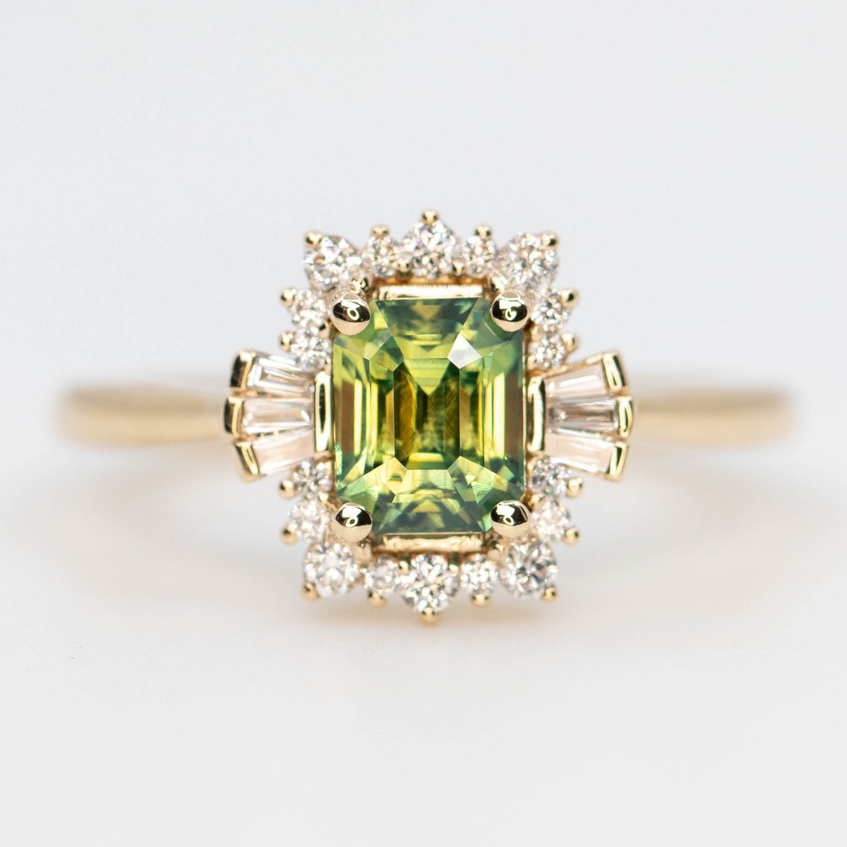 CAELEN (J) Meghan Ring with a 1.23 Carat Green Emerald Cut Sapphire and White Accent Diamonds in 14k Yellow Gold - Ready to Size and Ship - Midwinter Co. Alternative Bridal Rings and Modern Fine Jewelry