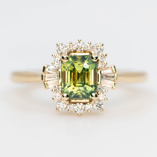 CAELEN (J) Meghan Ring with a 1.23 Carat Green Emerald Cut Sapphire and White Accent Diamonds in 14k Yellow Gold - Ready to Size and Ship - Midwinter Co. Alternative Bridal Rings and Modern Fine Jewelry