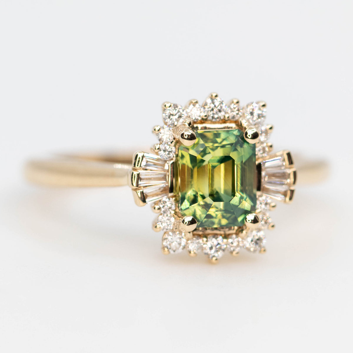CAELEN (J) Meghan Ring with a 1.23 Carat Green Emerald Cut Sapphire and White Accent Diamonds in 14k Yellow Gold - Ready to Size and Ship - Midwinter Co. Alternative Bridal Rings and Modern Fine Jewelry