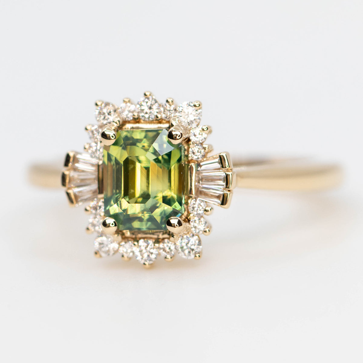 CAELEN (J) Meghan Ring with a 1.23 Carat Green Emerald Cut Sapphire and White Accent Diamonds in 14k Yellow Gold - Ready to Size and Ship - Midwinter Co. Alternative Bridal Rings and Modern Fine Jewelry