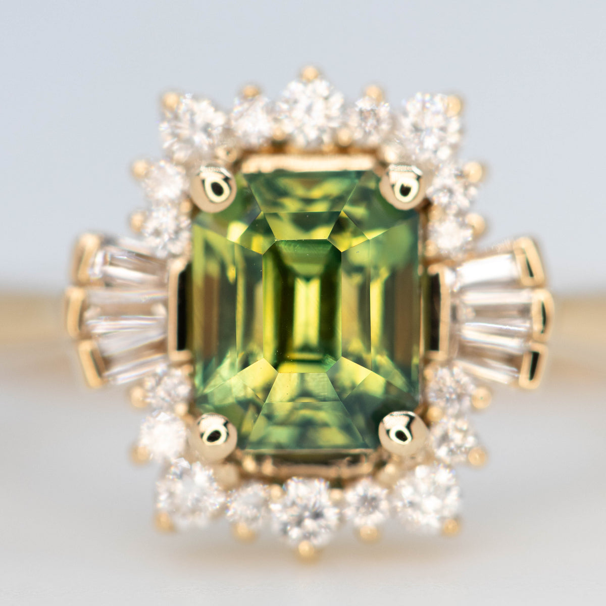 CAELEN (J) Meghan Ring with a 1.23 Carat Green Emerald Cut Sapphire and White Accent Diamonds in 14k Yellow Gold - Ready to Size and Ship - Midwinter Co. Alternative Bridal Rings and Modern Fine Jewelry