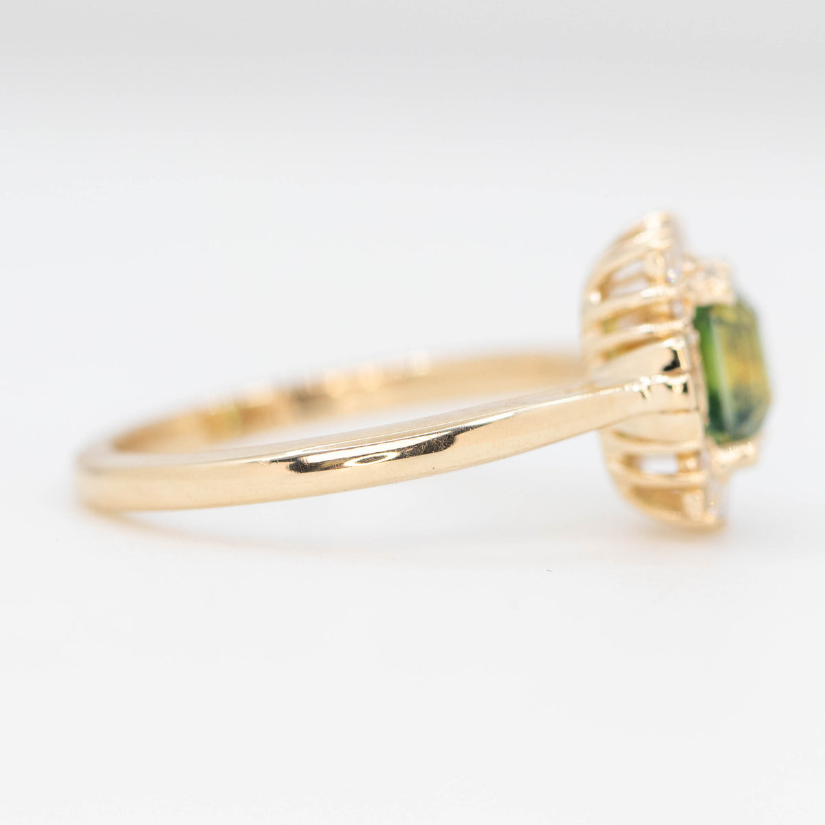 CAELEN (J) Meghan Ring with a 1.23 Carat Green Emerald Cut Sapphire and White Accent Diamonds in 14k Yellow Gold - Ready to Size and Ship - Midwinter Co. Alternative Bridal Rings and Modern Fine Jewelry
