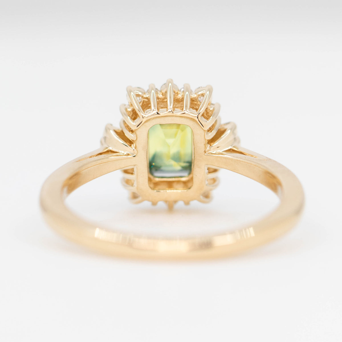 CAELEN (J) Meghan Ring with a 1.23 Carat Green Emerald Cut Sapphire and White Accent Diamonds in 14k Yellow Gold - Ready to Size and Ship - Midwinter Co. Alternative Bridal Rings and Modern Fine Jewelry