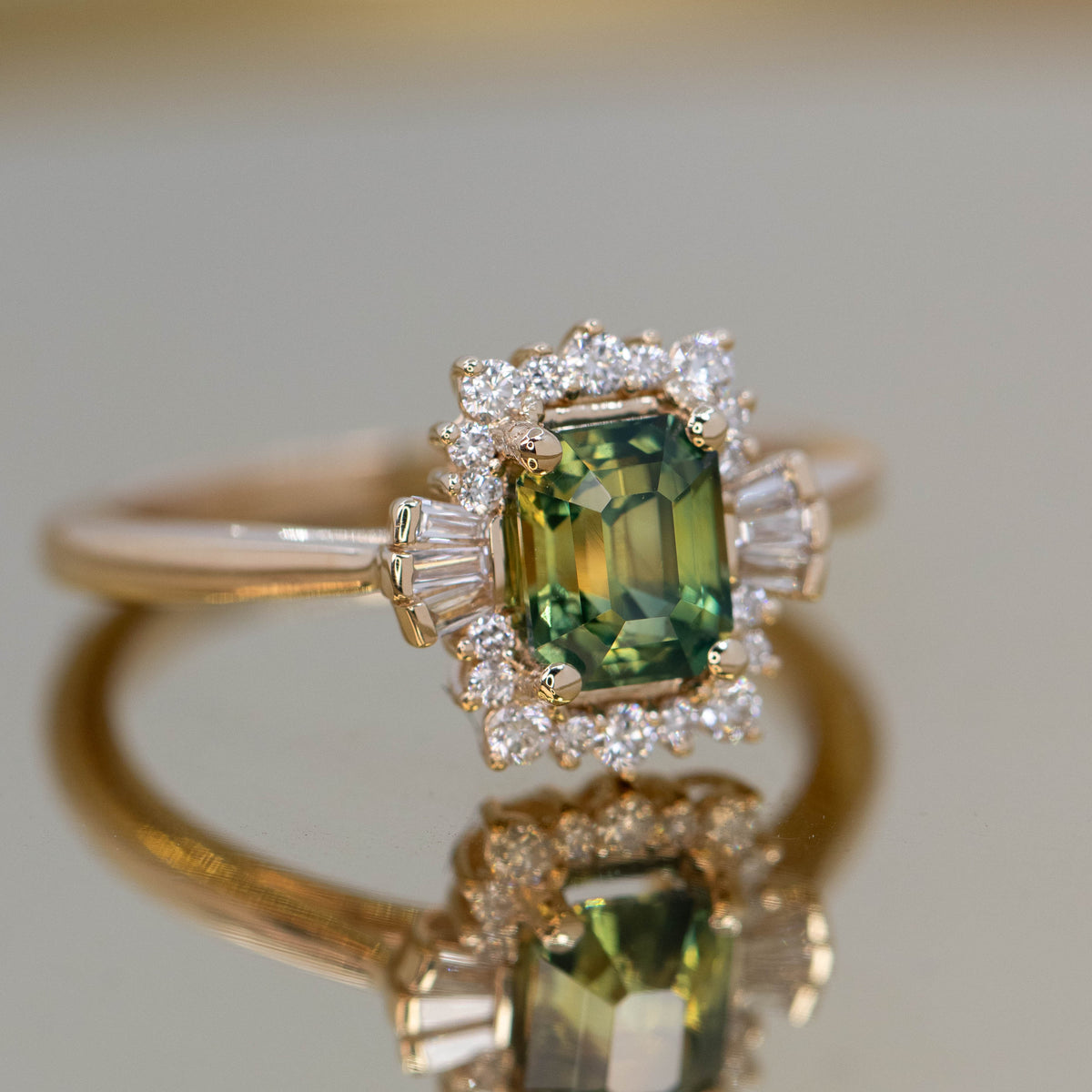CAELEN (J) Meghan Ring with a 1.23 Carat Green Emerald Cut Sapphire and White Accent Diamonds in 14k Yellow Gold - Ready to Size and Ship - Midwinter Co. Alternative Bridal Rings and Modern Fine Jewelry