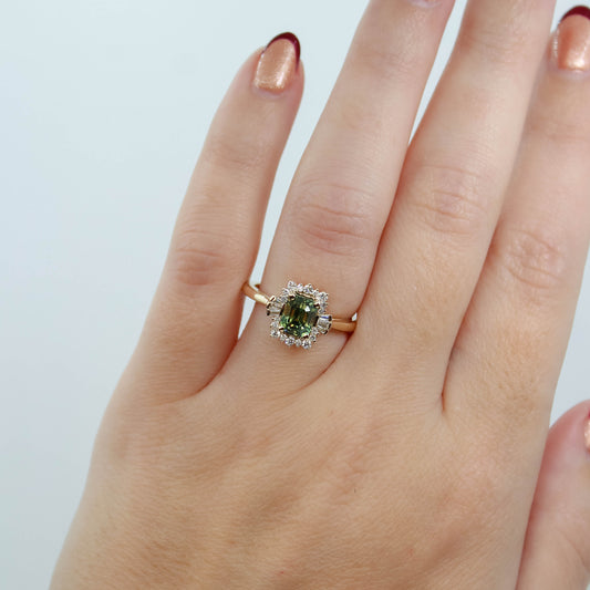 CAELEN (J) Meghan Ring with a 1.23 Carat Green Emerald Cut Sapphire and White Accent Diamonds in 14k Yellow Gold - Ready to Size and Ship - Midwinter Co. Alternative Bridal Rings and Modern Fine Jewelry