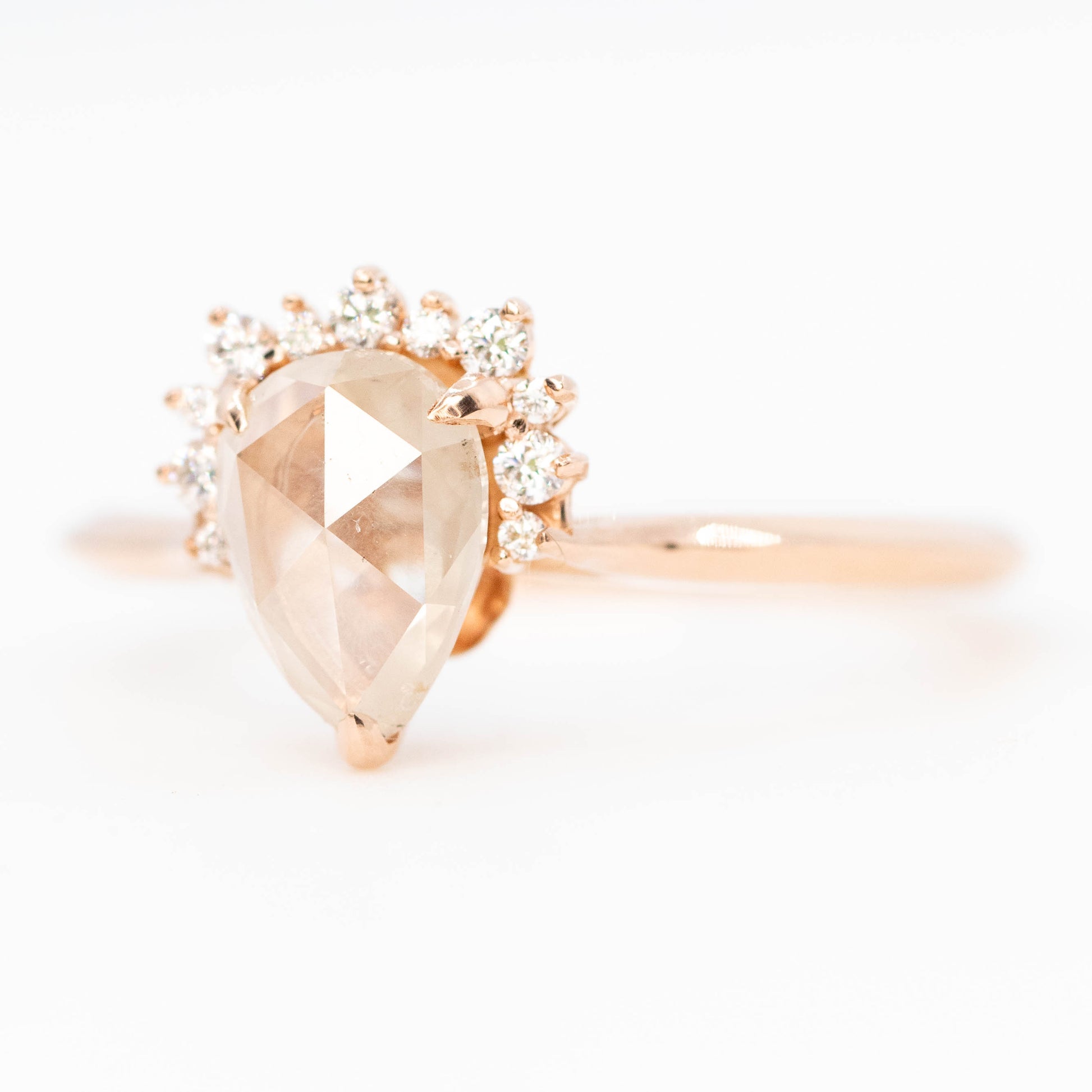 Nadine Ring with a 1.07 Carat Misty White Pear Diamond and White Accent Diamonds in 14k Rose Gold - Ready to Size and Ship - Midwinter Co. Alternative Bridal Rings and Modern Fine Jewelry