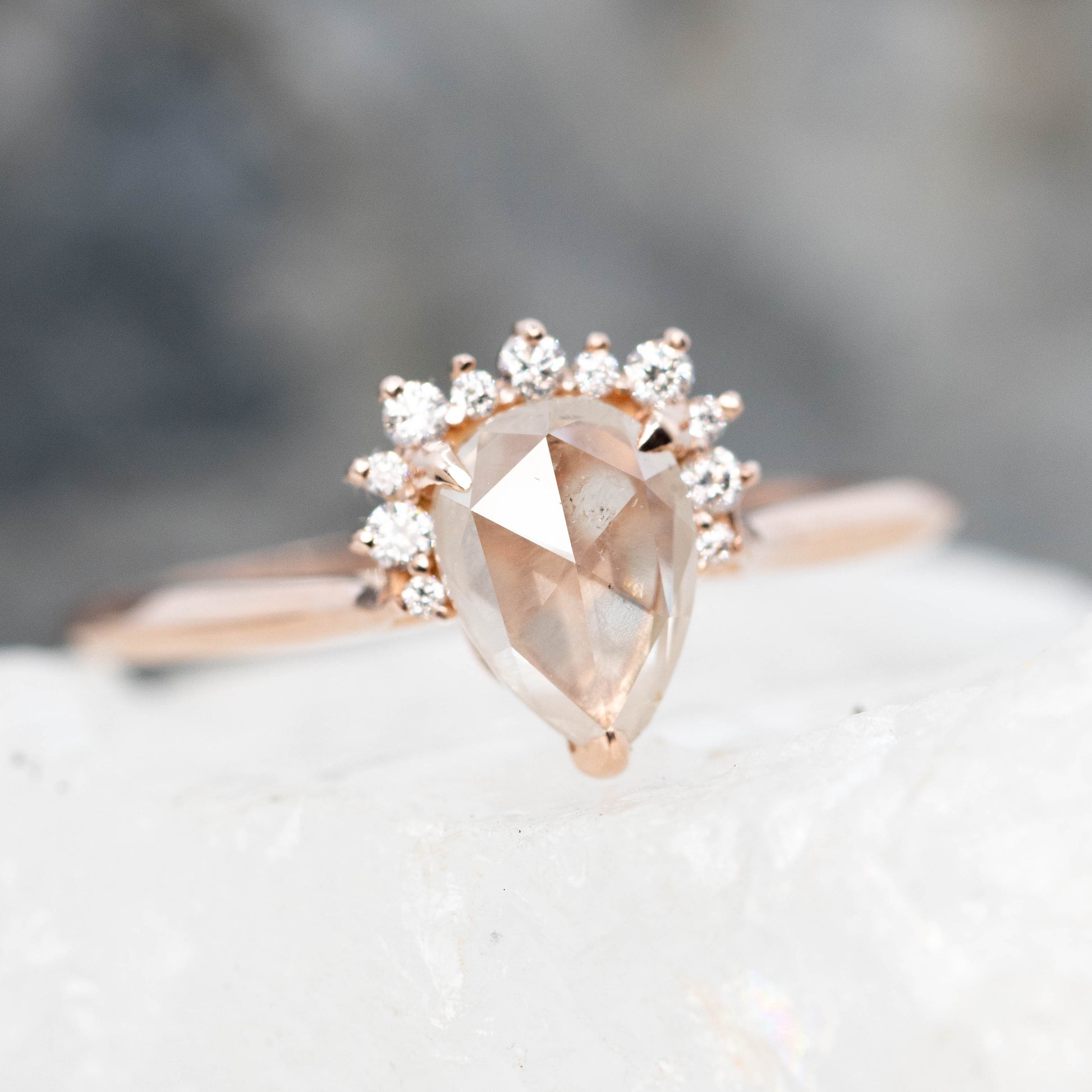 Nadine Ring with a 1.07 Carat Misty White Pear Diamond and White Accent Diamonds in 14k Rose Gold - Ready to Size and Ship - Midwinter Co. Alternative Bridal Rings and Modern Fine Jewelry