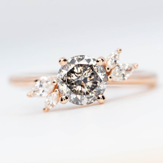 CAELEN (J) Neko Ring with a 1.06 Carat Dark Gray Round Diamond and White Accent Diamonds in 14k Rose Gold - Ready to Size and Ship - Midwinter Co. Alternative Bridal Rings and Modern Fine Jewelry