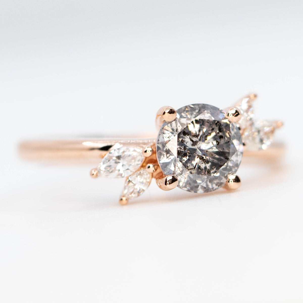 CAELEN (J) Neko Ring with a 1.06 Carat Dark Gray Round Diamond and White Accent Diamonds in 14k Rose Gold - Ready to Size and Ship - Midwinter Co. Alternative Bridal Rings and Modern Fine Jewelry