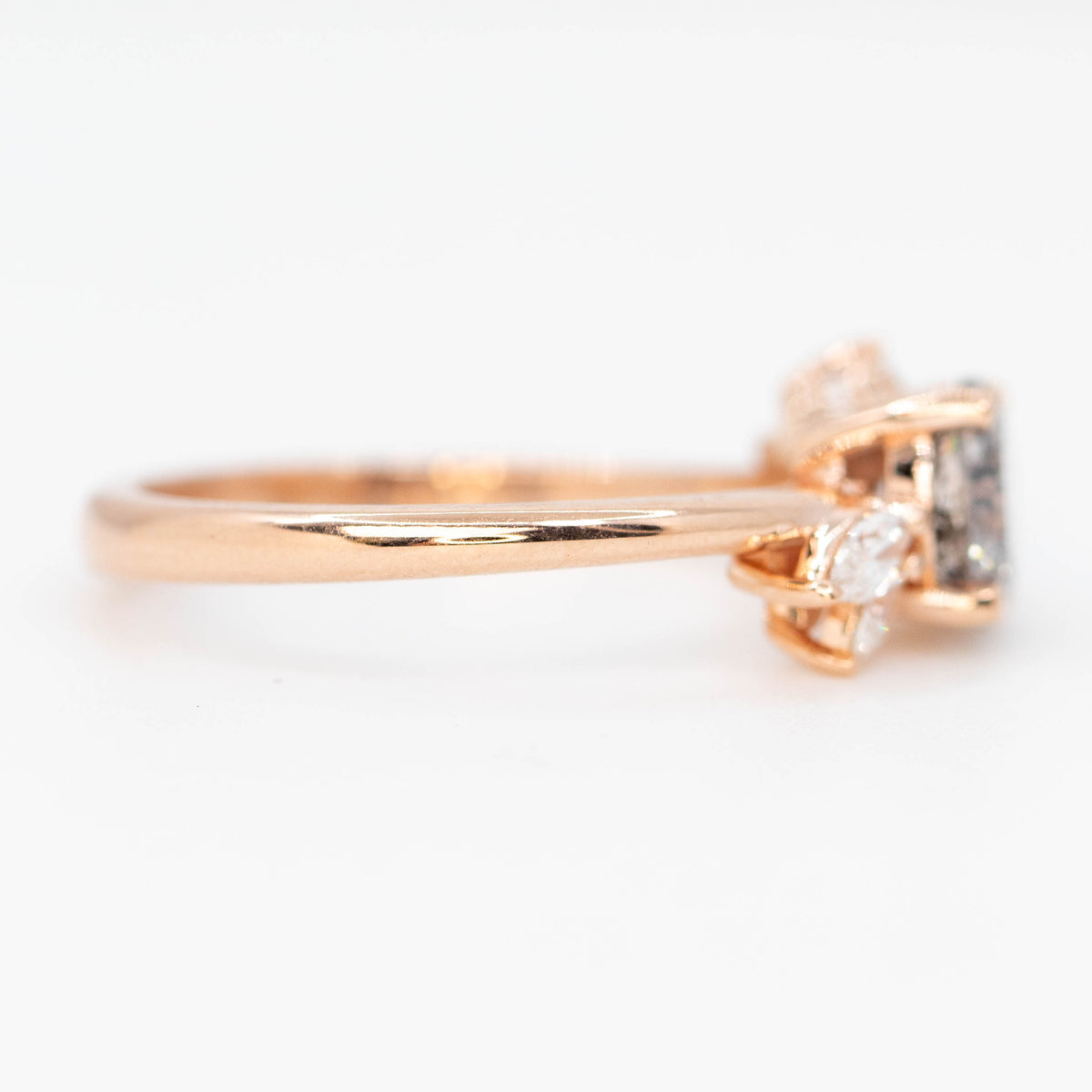 CAELEN (J) Neko Ring with a 1.06 Carat Dark Gray Round Diamond and White Accent Diamonds in 14k Rose Gold - Ready to Size and Ship - Midwinter Co. Alternative Bridal Rings and Modern Fine Jewelry