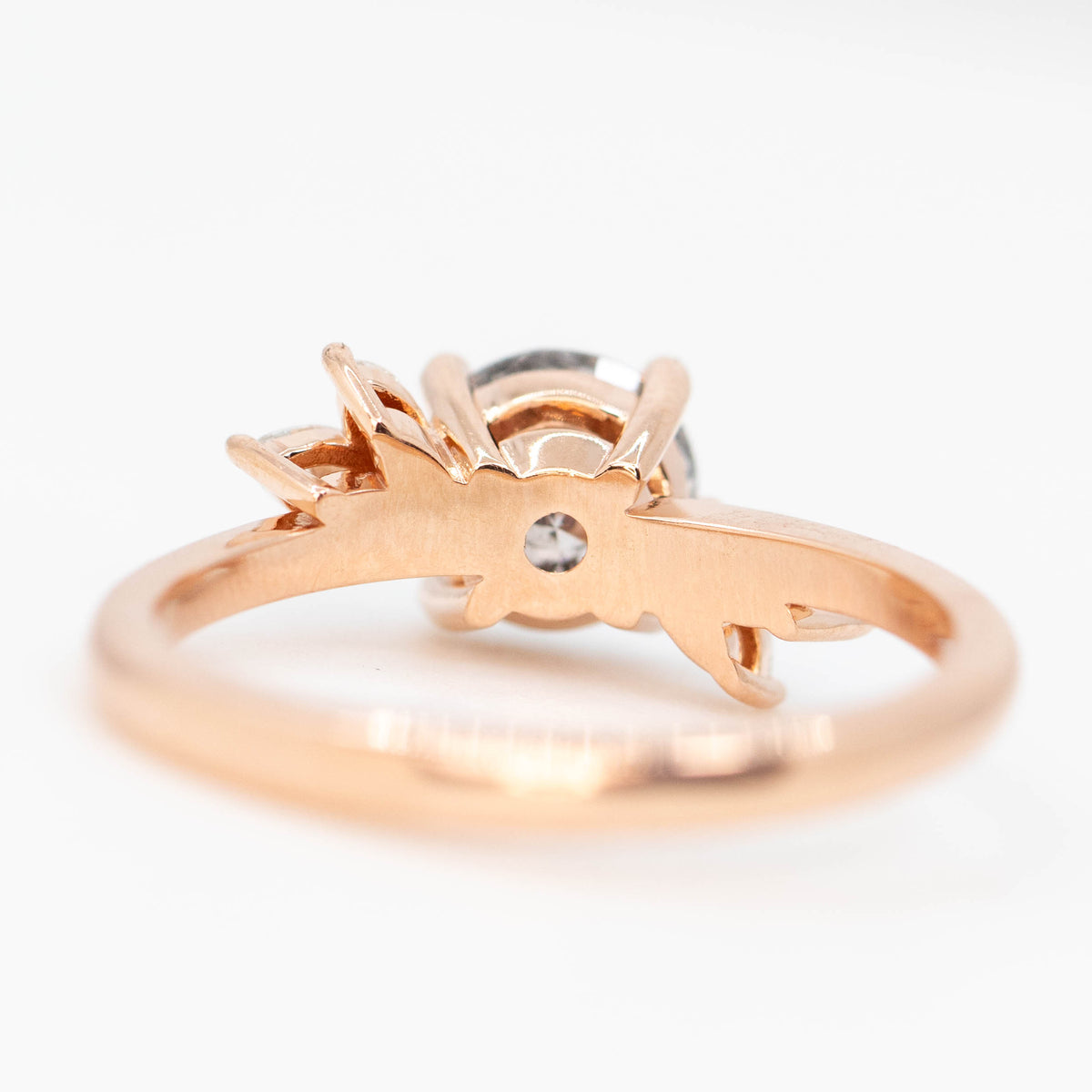 CAELEN (J) Neko Ring with a 1.06 Carat Dark Gray Round Diamond and White Accent Diamonds in 14k Rose Gold - Ready to Size and Ship - Midwinter Co. Alternative Bridal Rings and Modern Fine Jewelry
