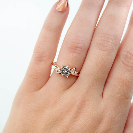 CAELEN (J) Neko Ring with a 1.06 Carat Dark Gray Round Diamond and White Accent Diamonds in 14k Rose Gold - Ready to Size and Ship - Midwinter Co. Alternative Bridal Rings and Modern Fine Jewelry
