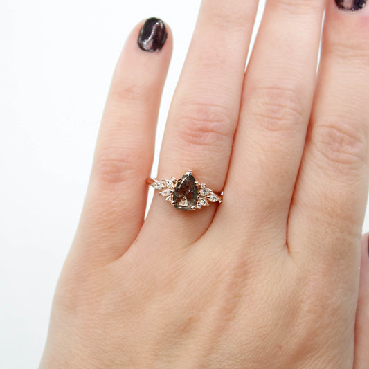 Odette Ring with a 1.05 Carat Pear Salt and Pepper Diamond and White Accent Diamonds in 14k Rose Gold - Ready to Size and Ship