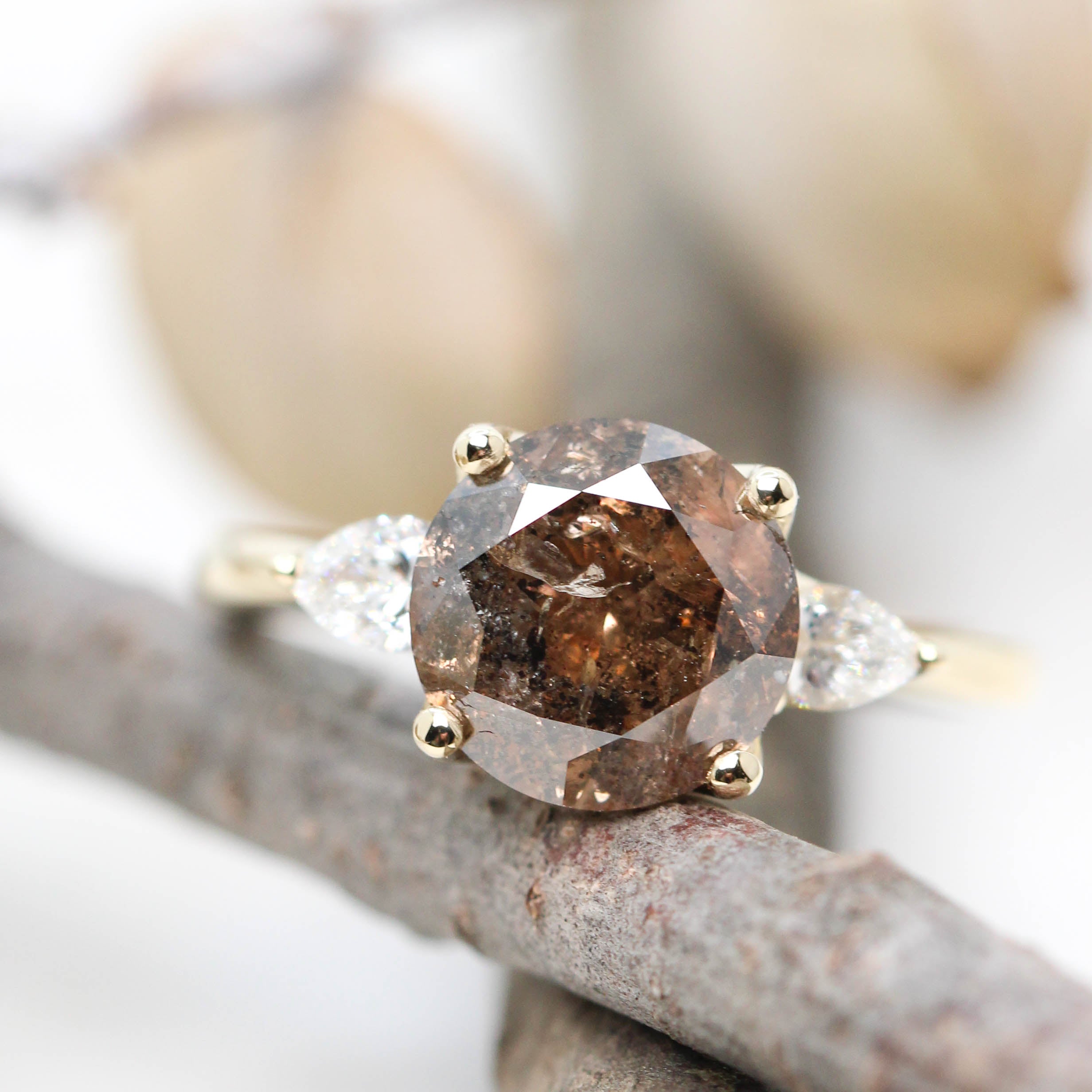 Oleander Ring with a 3.01 Carat Round Champagne Salt and Pepper