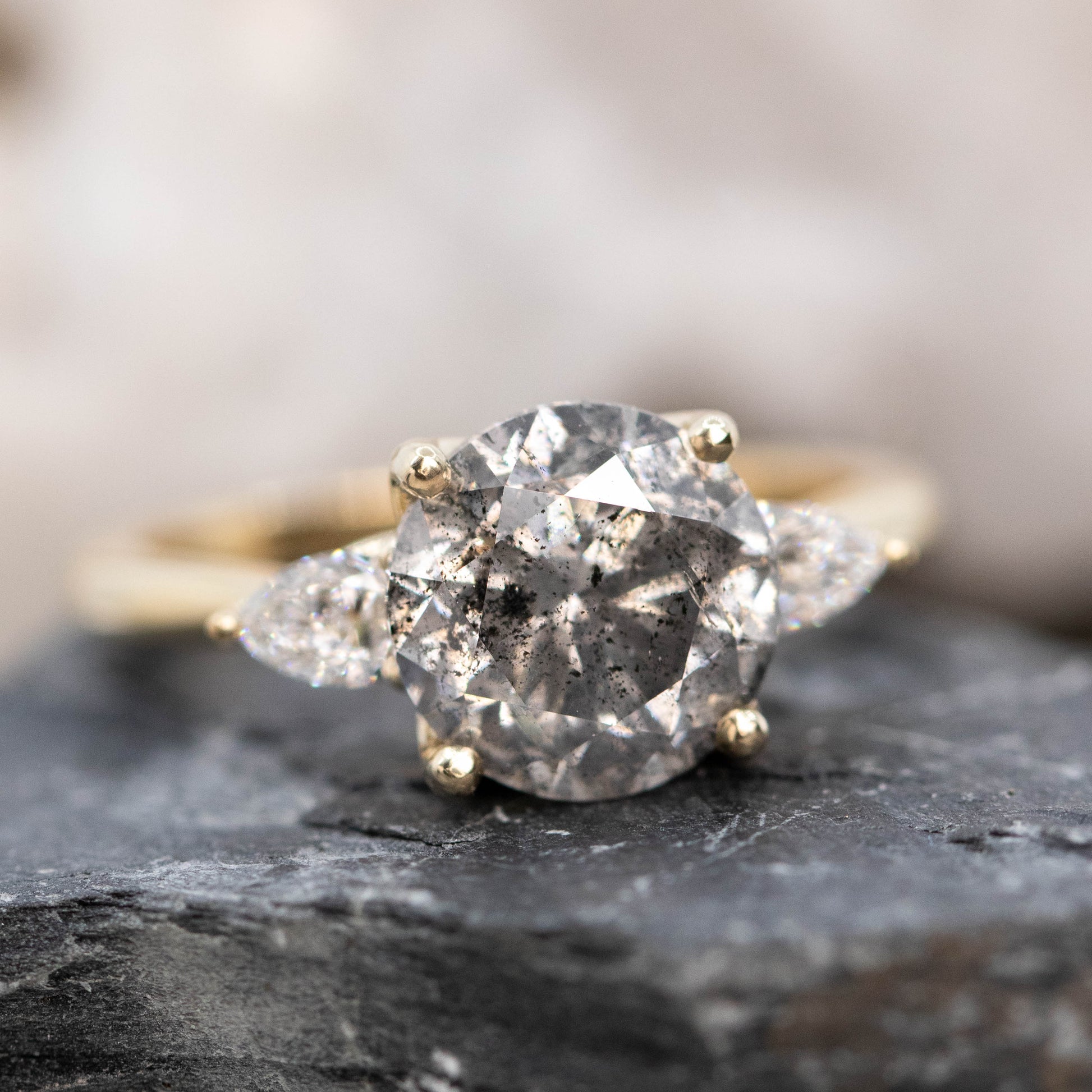 Oleander Ring with a 3.14 Carat Gray Salt and Pepper Diamond and White Diamond Accents in 14k Yellow Gold - Ready to Size and Ship - Midwinter Co. Alternative Bridal Rings and Modern Fine Jewelry