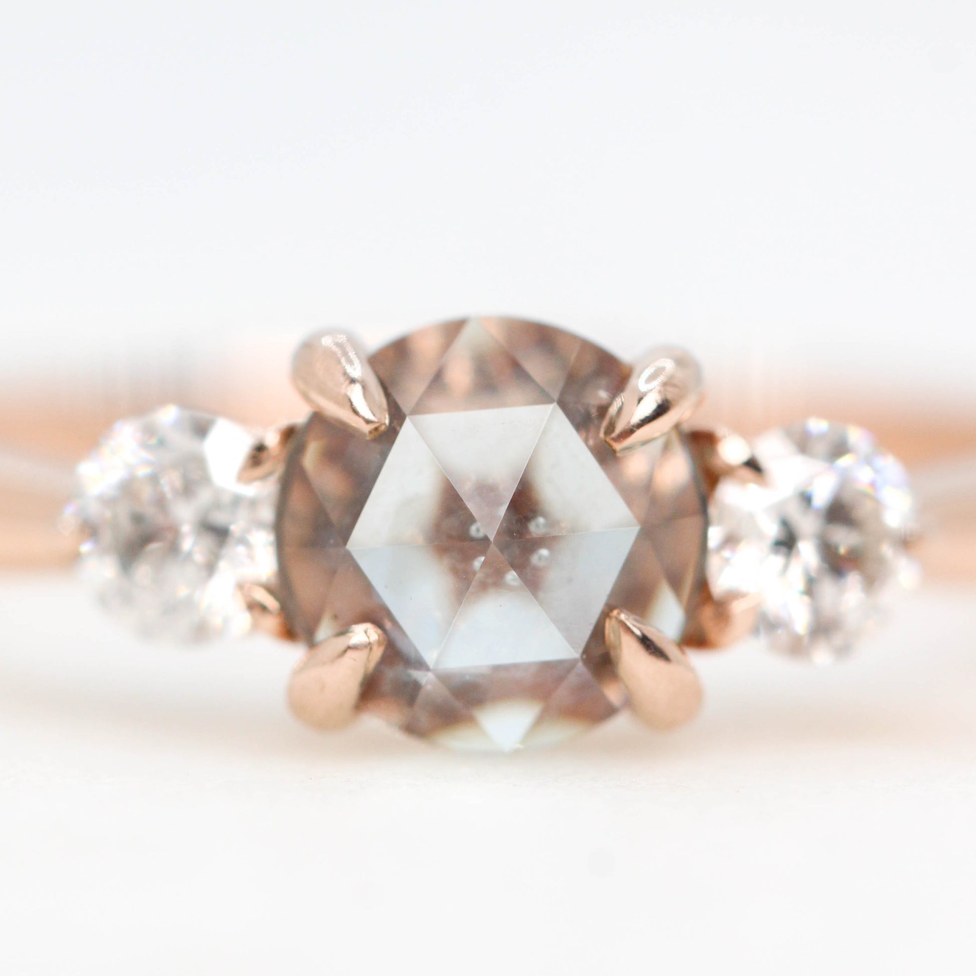 Olive Ring with a 0.82 Carat Light Blue Round Sapphire and White Diamond Accents in 10k Rose Gold - Ready to Size and Ship - Midwinter Co. Alternative Bridal Rings and Modern Fine Jewelry