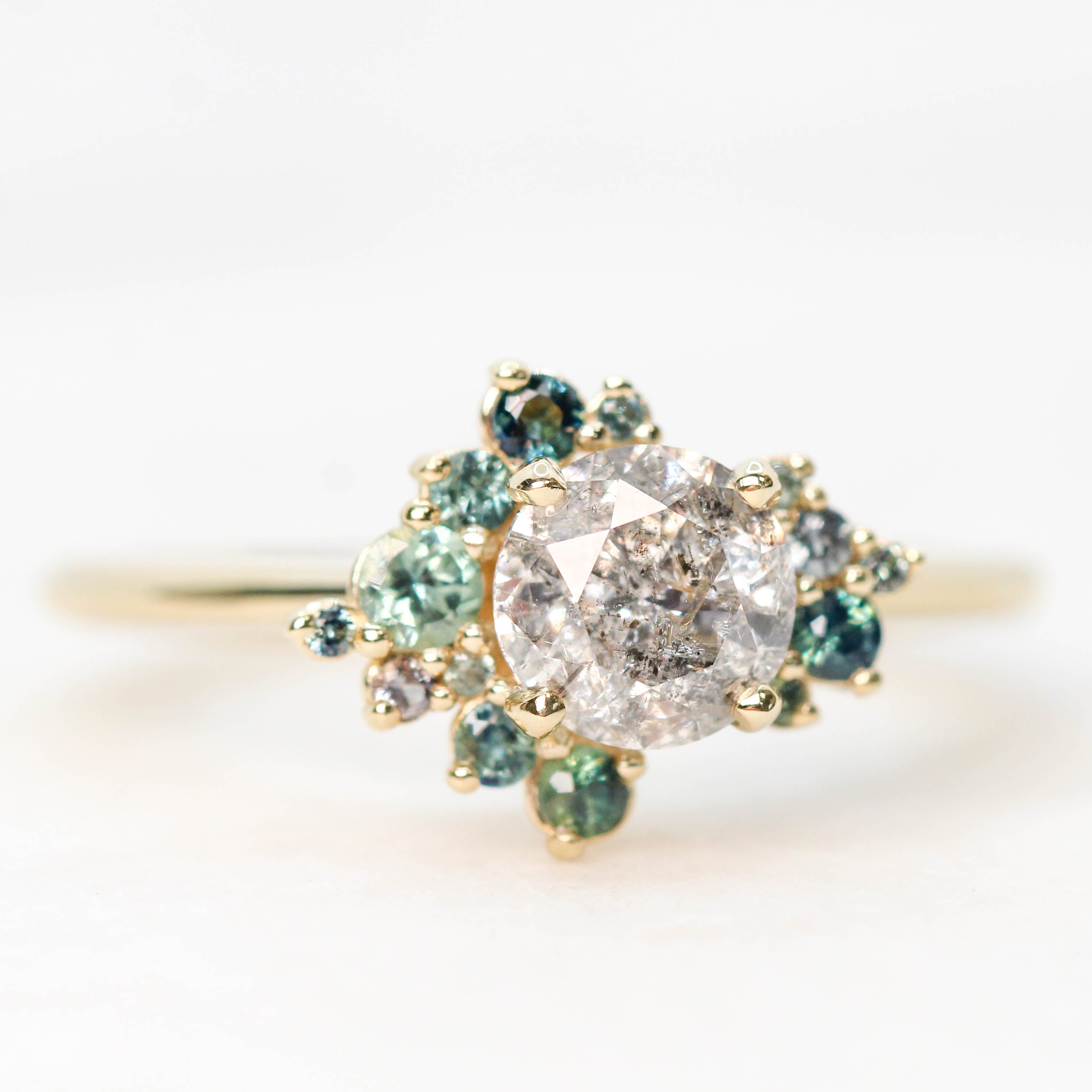 Orion Ring with a 1.00 Carat Gray Round Diamond and Teal Accent Sapphires  in 14k Yellow Gold - Ready to Size and Ship - Midwinter Co. Alternative Bridal Rings and Modern Fine Jewelry
