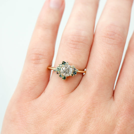 Orion Ring with a 1.00 Carat Gray Round Diamond and Teal Accent Sapphires  in 14k Yellow Gold - Ready to Size and Ship