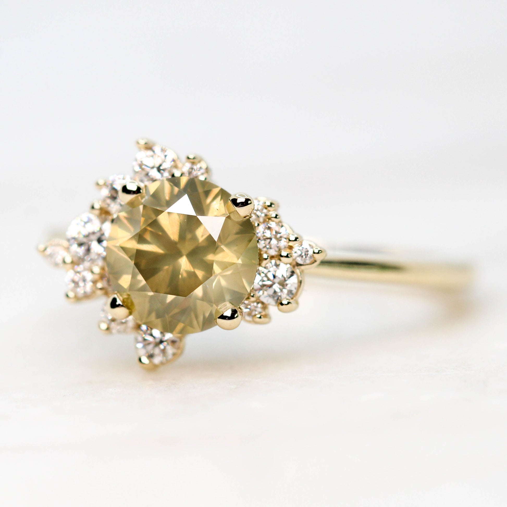 Orion Ring with a 1.35 Carat Champagne Round Diamond and White Accent Diamonds in 14k Yellow Gold - Ready to Size and Ship - Midwinter Co. Alternative Bridal Rings and Modern Fine Jewelry