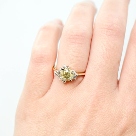 Orion Ring with a 1.35 Carat Champagne Round Diamond and White Accent Diamonds in 14k Yellow Gold - Ready to Size and Ship - Midwinter Co. Alternative Bridal Rings and Modern Fine Jewelry